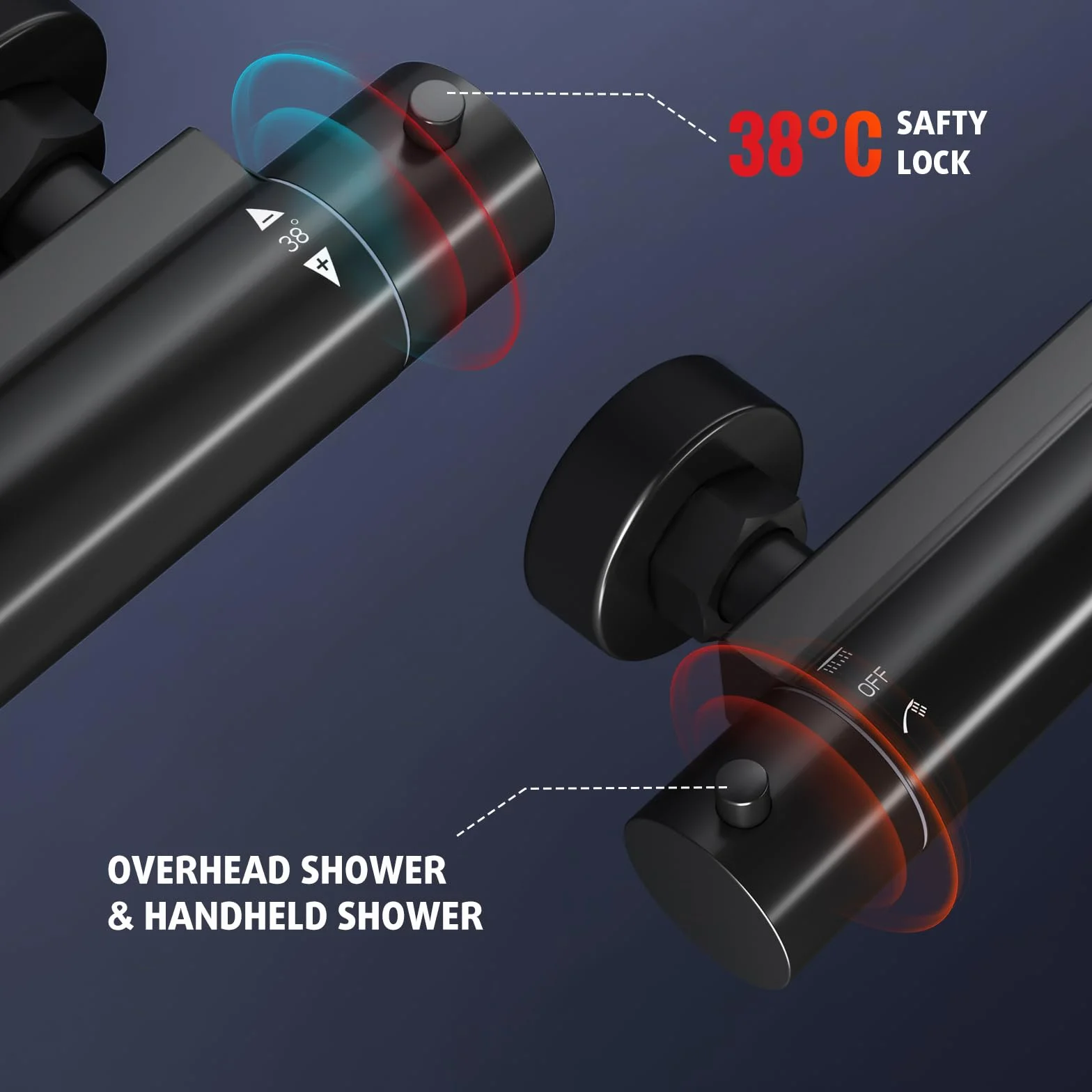 Rainsworth System prysznicowy z termostatem, Ø 30 cm, okrągły, deszczownica, zestaw prysznicowy oszczędzający wodę, 5 rodzajów strumienia, 92-126 cm, drążek prysznicowy Rainforest, kompletny zestaw do