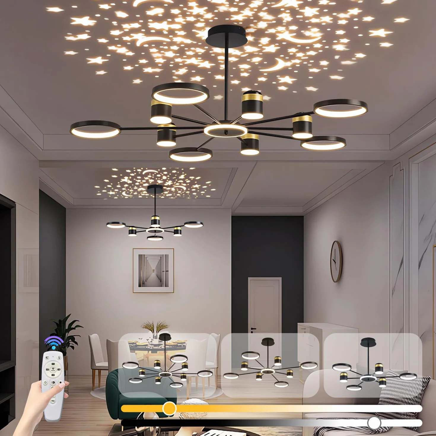 Okrągły żyrandol LED Lampka sufitowa z funkcją ściemniania i pilotem Lampka do salonu Lampka sufitowa do sypialni Lampka wisząca Starlight Nowoczesne lampy sufitowe restauracji i biura (Czarny Φ120cm)