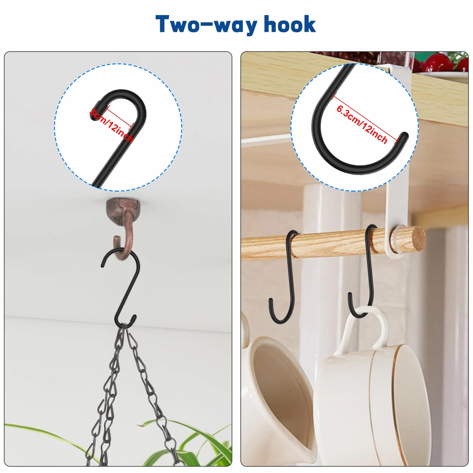 RVLZKCPG 8 sztuk haków S, duże, 15 cm, ze stali nierdzewnej, do zawieszenia, obciążenie do 30 kg, haczyki S, czarne, powlekane winylem, haki metalowe, odporne na rdzę, do kuchni, łazienki, sypialni