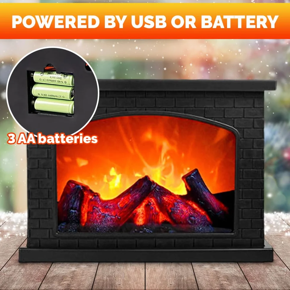 Kominek elektryczny LED – kominek elektryczny bez ogrzewania z efektem płomienia, zasilanie USB/bateriami, obsługa, kominek stołowy do domu (28,5 x 12,5 x 22 cm) – dekoracyjny i romantyczny