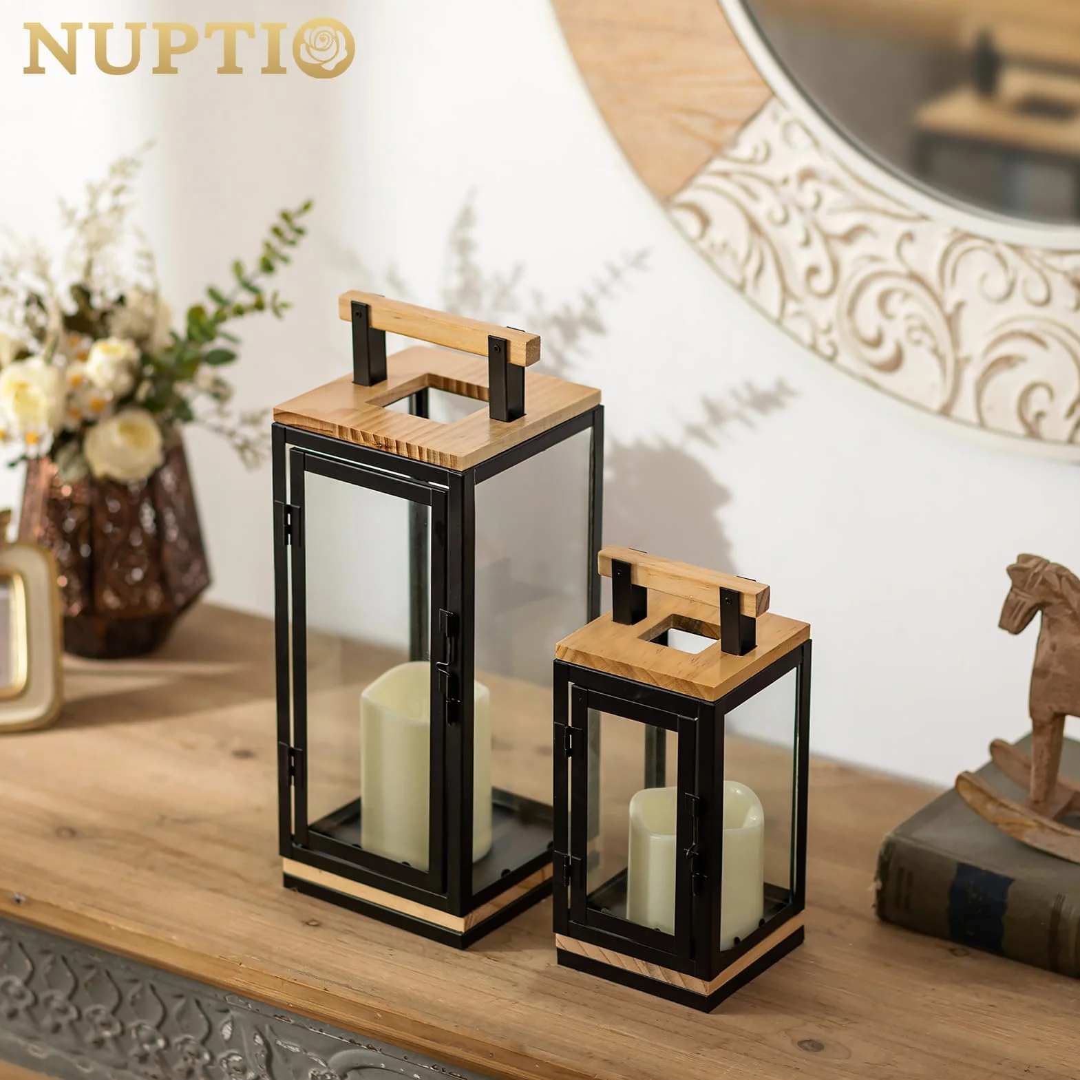 NUPTIO Latarnia zewnętrzna z timerem na świece: 23,5 cm, zestaw latarni LED, czarna, metalowa, drewniana, latarnia na świece, do użytku na zewnątrz, na Boże Narodzenie, cmentarz, odporna na warunki