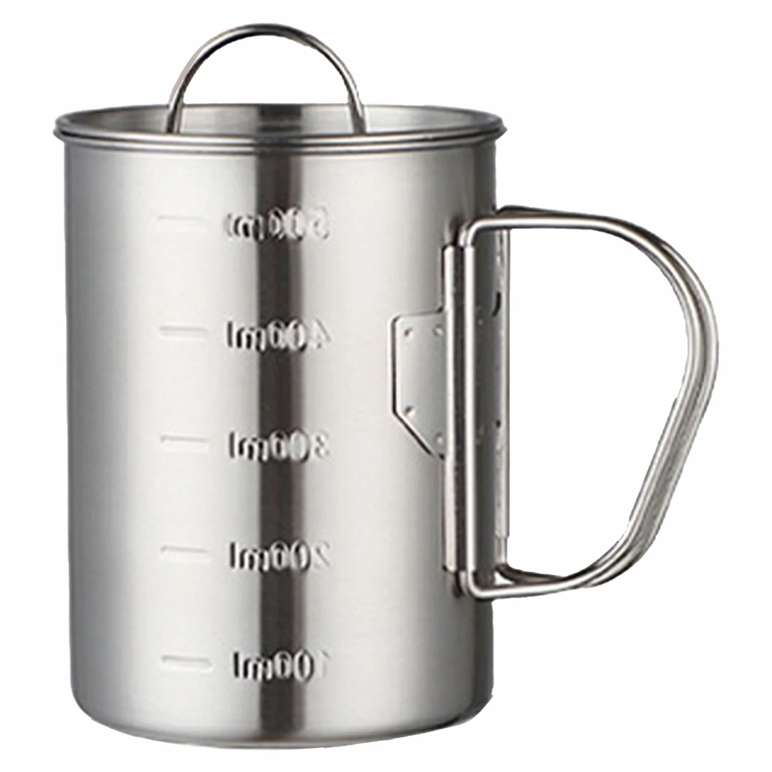 lyrlody Kubek Kempingowy ze Stali Nierdzewnej, Kubek z Uchwytem, ​​składanymi Uchwytami i skalą Objętości, Składany z pokrywką, na Piknik Kempingowy (500ML)