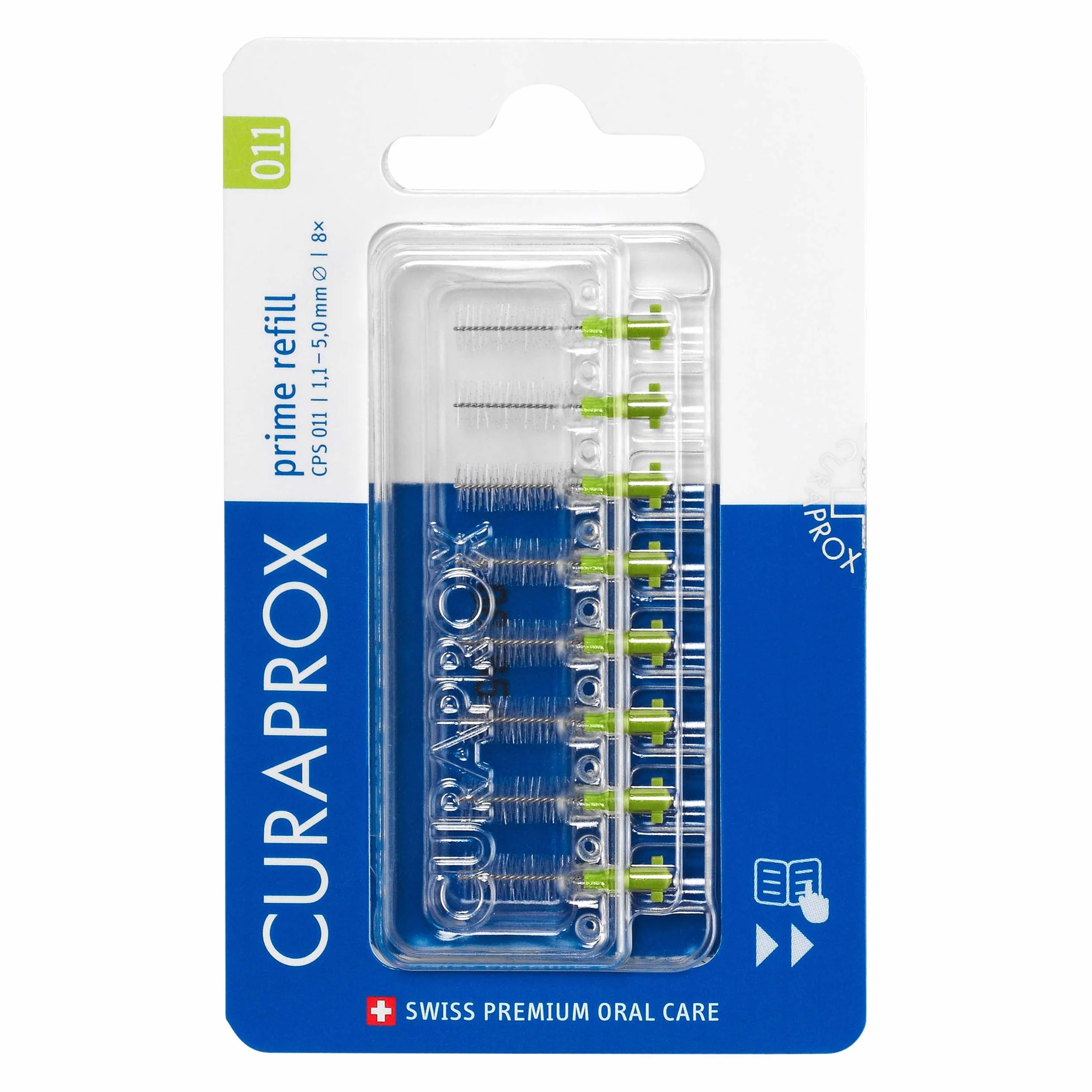 Curaprox Interdental Brush Wkłady CPS 011 Prime-ISO Rozmiar 3, Zielony/Ultra-Fine filamenty do skutecznego czyszczenia wąskich przestrzeni / 8-Pack/Made in Switzerland/English Packaging