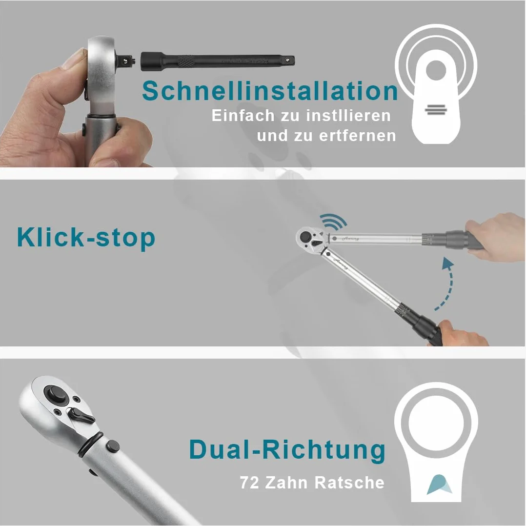 Awang Zestaw misek dynamometrycznych 1/2", 25-220 NM z adapterem, przedłużeniem i walizką, precyzyjna i łatwa w obsłudze do samochodu, motocykla