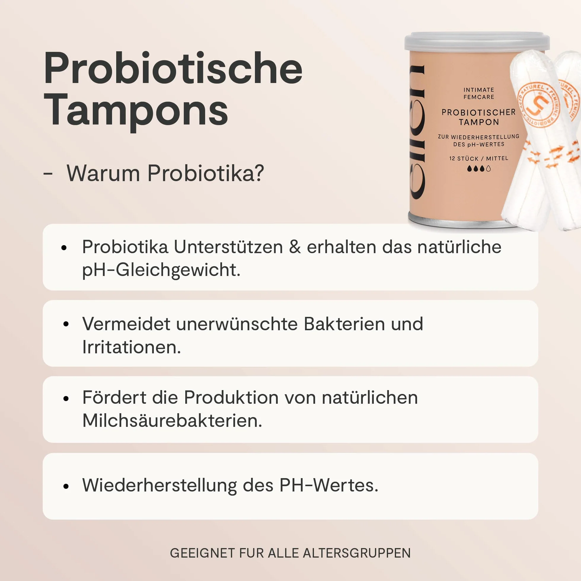 ellen® tampony probiotyczne, 14 sztuk, wzbogacone probiotykami, delikatna pielęgnacja dla zdrowia pochwy