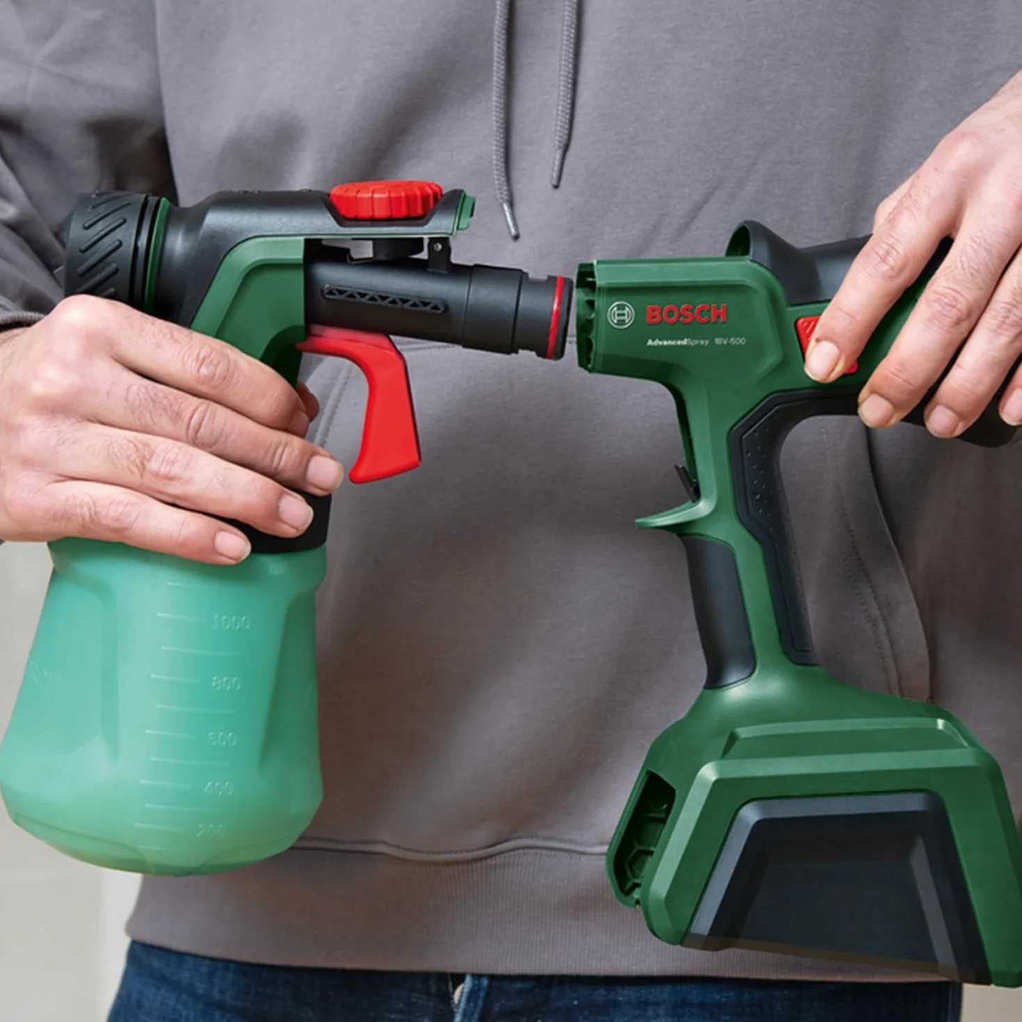 Bosch akumulatorowy pistolet natryskowy AdvancedSpray 18V-500 (do farb dyspersyjnych/lateksowych, lazur i lakierów, 3m²/min, 2 pojemniki 1 200 ml, system 18V, bez akum.)