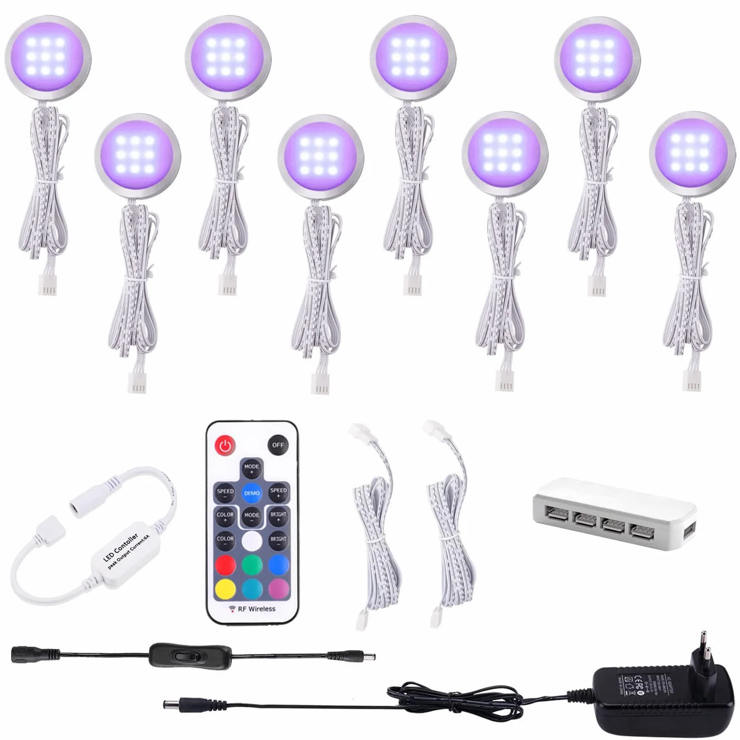 AIBOO Oświetlenie szafki RGB LED, zestaw 8 sztuk, 12 V, lampa podszafkowa, zmiana koloru z pilotem zdalnego sterowania, możliwość ściemniania, oświetlenie witryn RGB, oświetlenie LED do oświetlenia