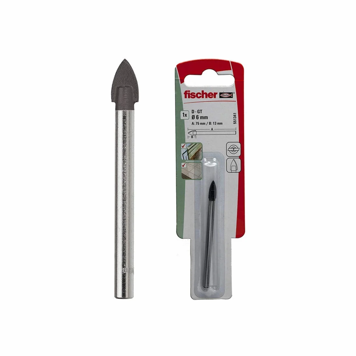 fischer Punta, Ceramica e piastrella Con tagliente in Metallo Duro per vetro e ceramiche 8 K, 551343 wiertło do szkła i ceramiki z ostrzem z twardego metalu do szkła i ceramiki D-GT PV 8K, szary, 8 mm
