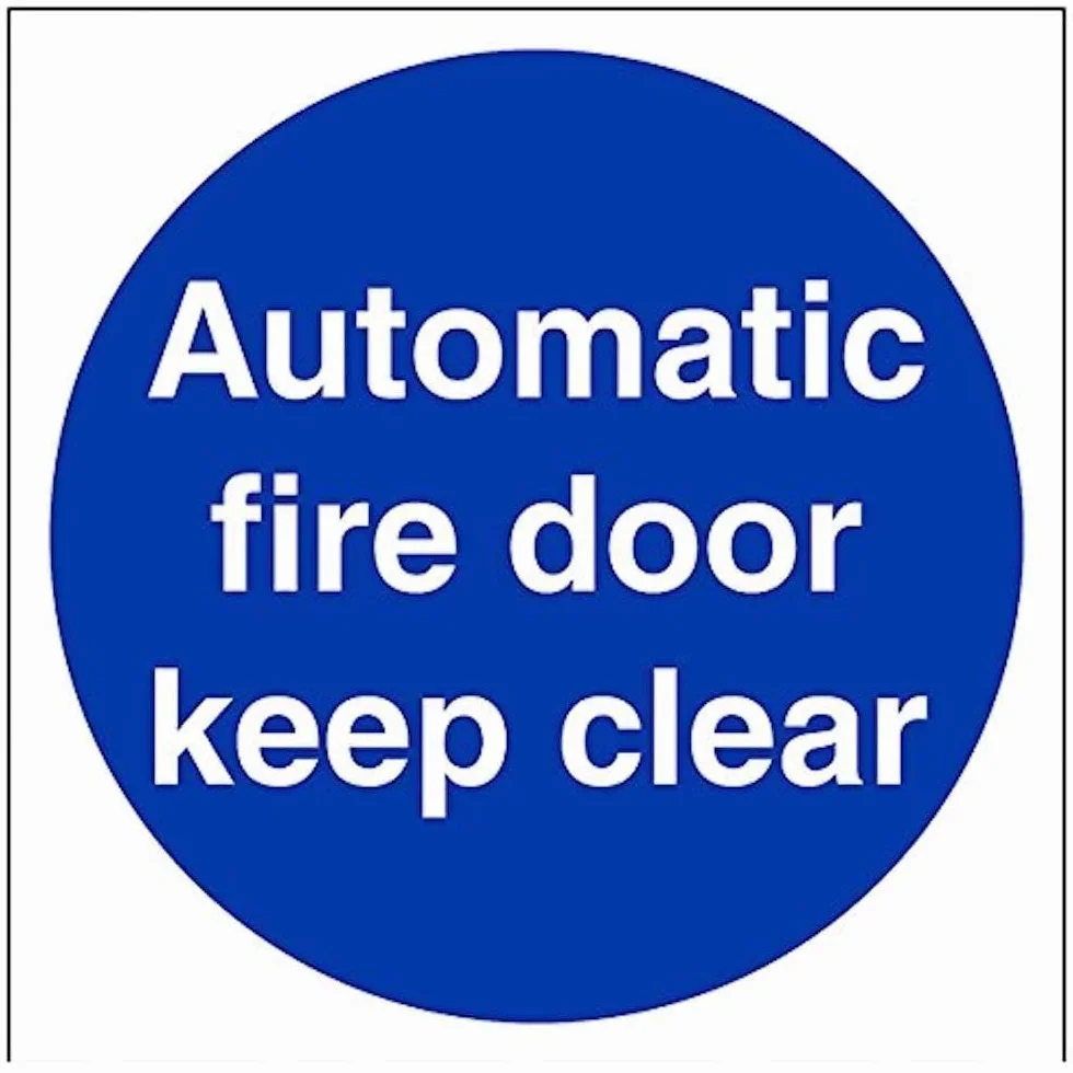 VSafety 18002AM-S "automatyczne drzwi przeciwpożarowe Keep Clear" znaki obowiązkowe, samoprzylepny winyl, kwadratowy, 150 mm x 150 mm, niebieski