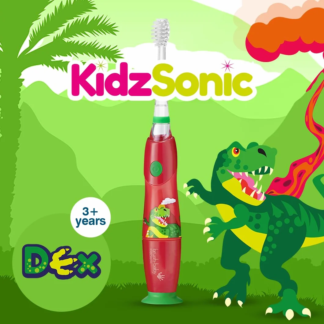Brush-Baby KidzSonic elektryczna szczoteczka do zębów dla dzieci w wieku 3+ lat – włosie DeepClean, przyssawka – zabawne wzornictwo z migającymi lampkami dyskotekowymi – z 2 zapasowymi głowicami i 1