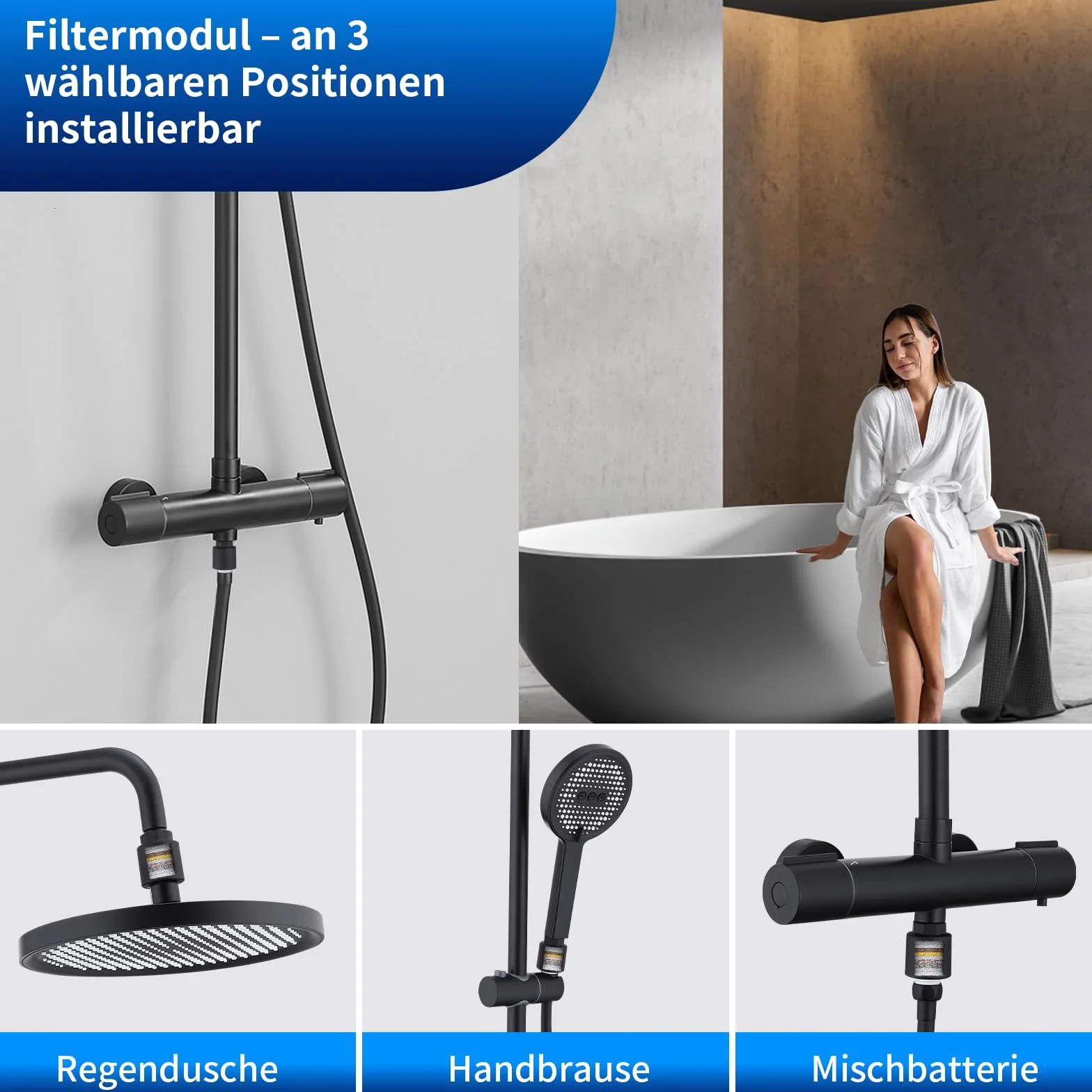HOMELODY System prysznicowy z termostatem, czarna, kompletny zestaw z filtrem, 25 cm, deszczownica i słuchawka prysznicowa, 3 rodzaje strumienia, słuchawka prysznicowa, zestaw prysznicowy do łazienki