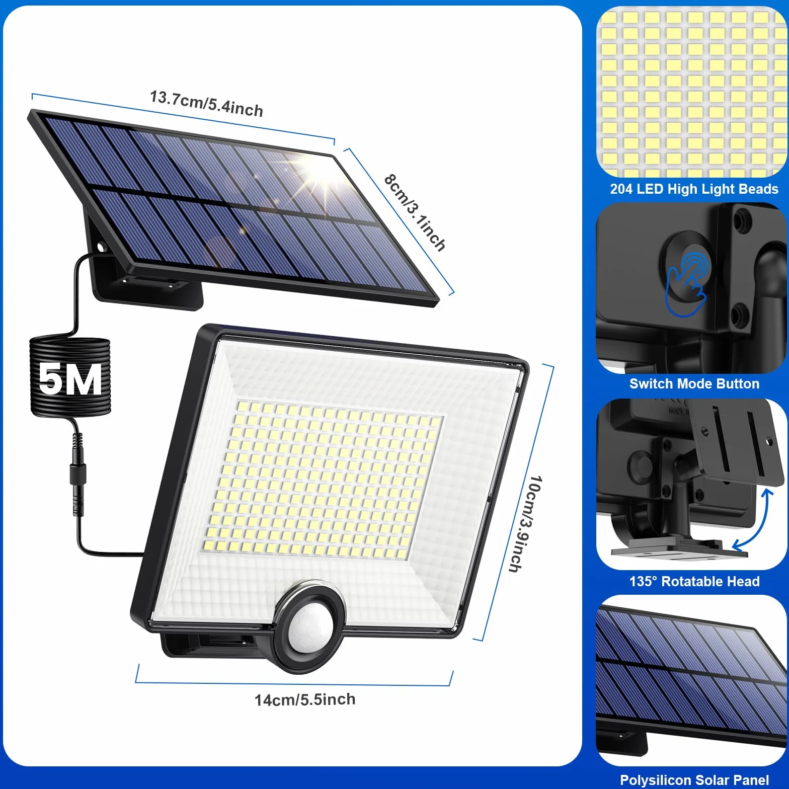 【Bardzo jasna 2000 lm】Zewnętrzna lampa solarna z czujnikiem ruchu 204LED, zewnętrzne, solarne światło z 3 trybami wodoodporności IP65, zewnętrzne oświetlenie solarne LED z kablem 16,4 stóp [zestaw 4