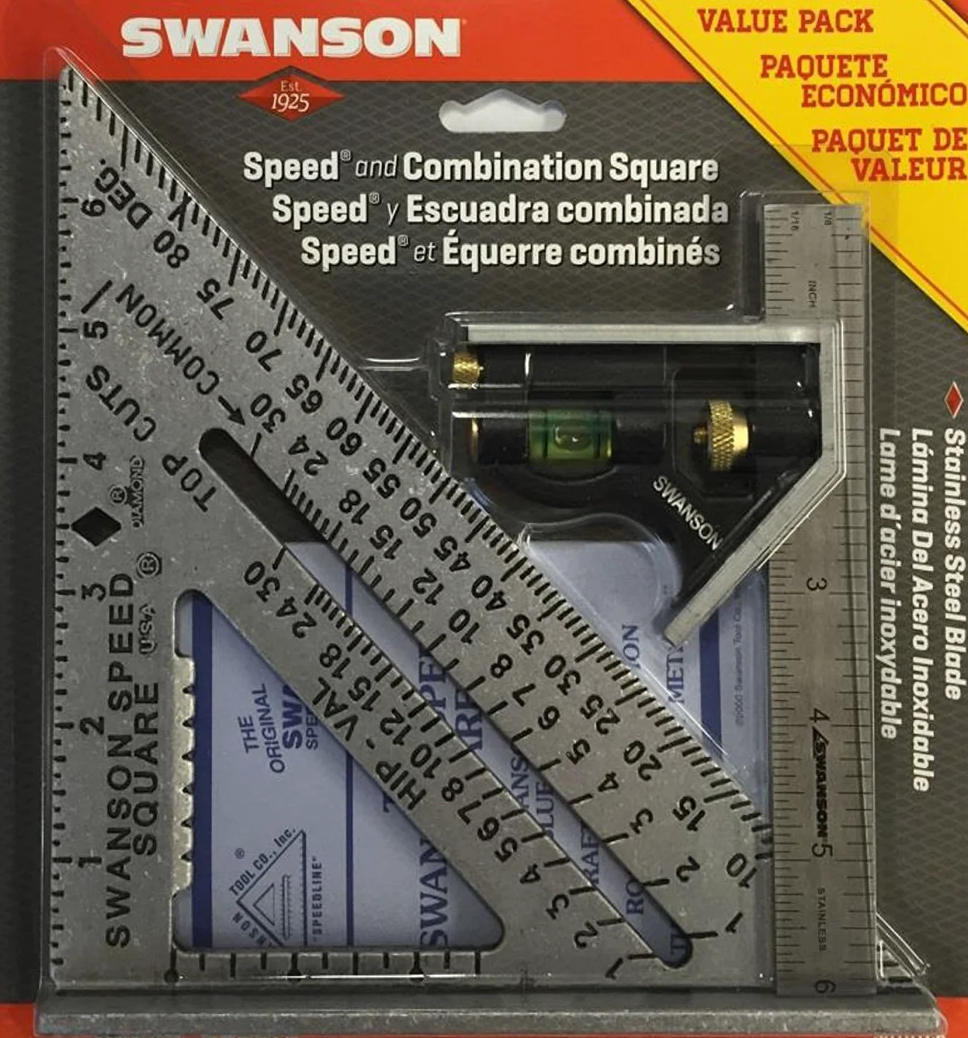 Swanson Tool Co S0101CB Speed Square narzędzie do układu z niebieską książką i kombinacją kwadratu, zestaw wartości
