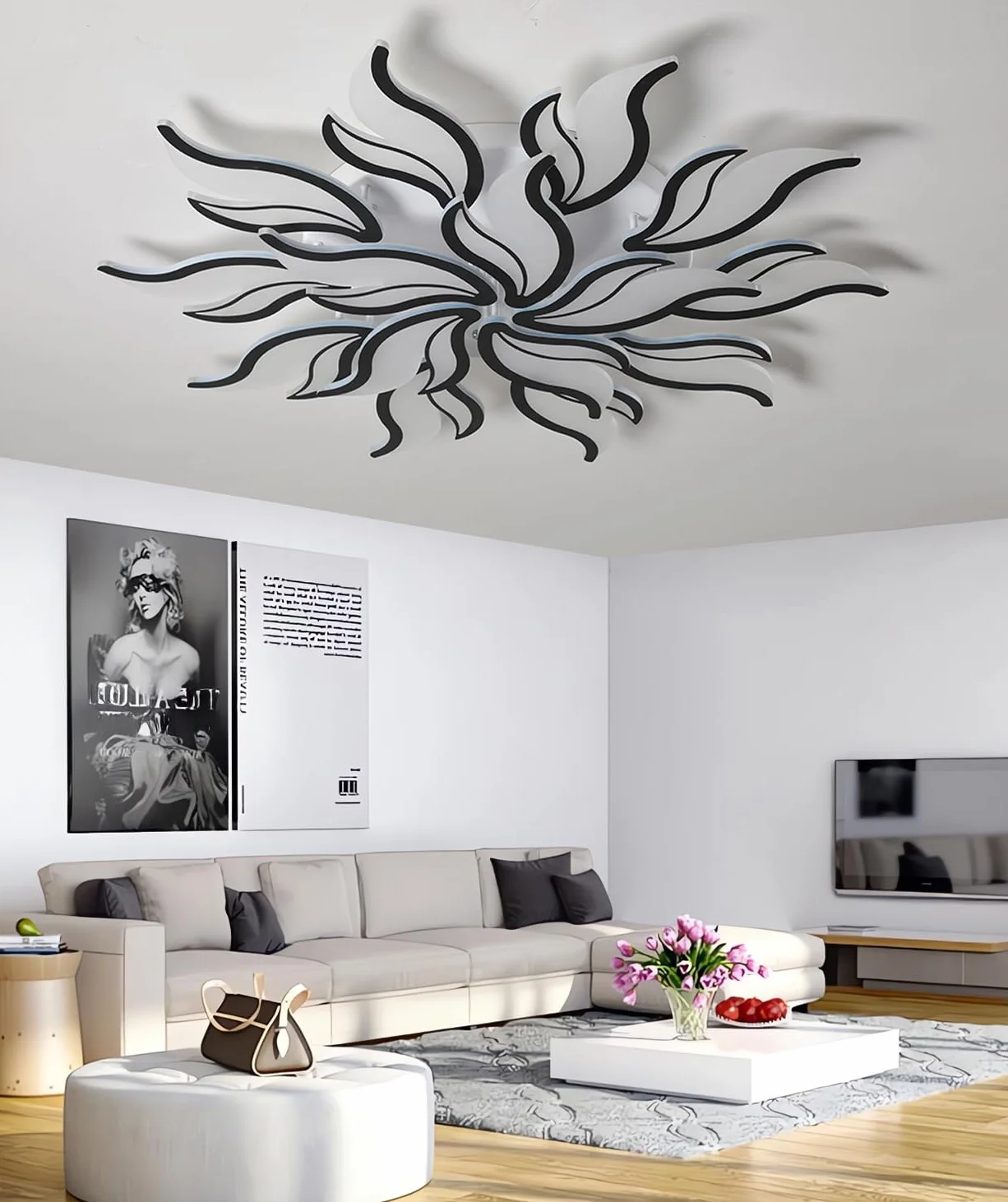 0W ściemnialna lampa sufitowa LED z pilotem zdalnego sterowania,czarna lampa sufitowa,nowoczesna oprawa oświetleniowa z 15 głowicami akrylowymi,100 cm,do salonu,sypialni,restauracji (Czarny, Φ100cm)