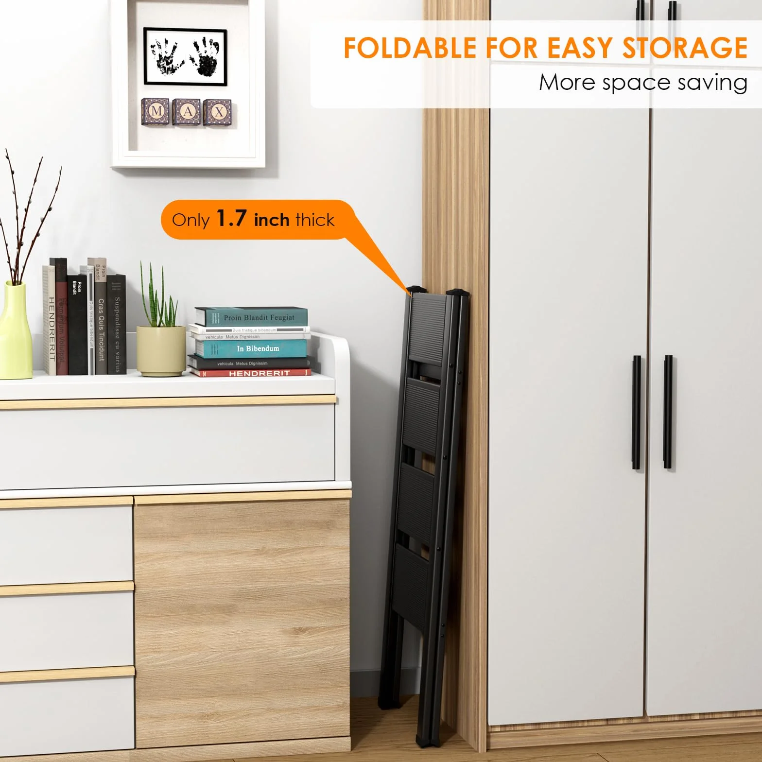 LIFERUN Aluminiowa drabina z 4 stopniami, składana, antypoślizgowa, drabina stojąca, wielofunkcyjna, łatwa do przechowywania, obciążenie do 150 kg, do kuchni, domu, na zewnątrz, do biura, czarna