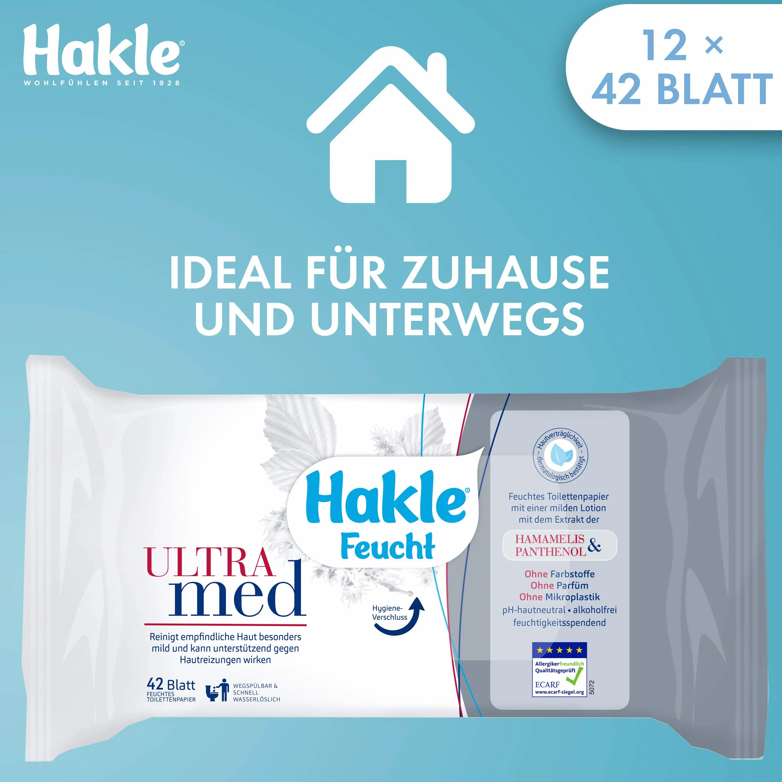 Hakle Wilgotny papier toaletowy Ultra Med, 12 sztuk (12 x 42 arkuszy), pielęgnujący wilgotny papier toaletowy, przyjazne dla skóry wilgotne chusteczki, szybko rozpuszczalne w wodzie chusteczki
