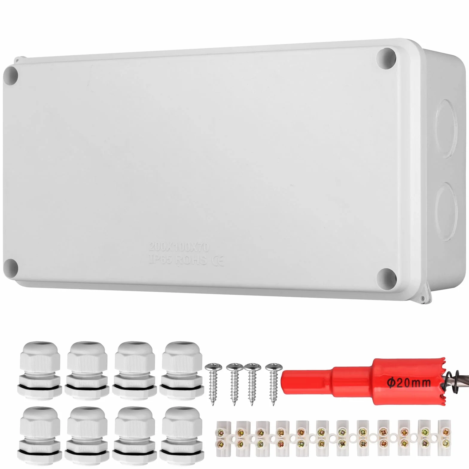 EYPINS Puszki rozgałęźne IP65 wodoszczelne, puszka rozdzielcza natynkowa 200 x 110 x 70 mm ze śrubą i wodoszczelnymi dławikami kablowymi, kolor biały