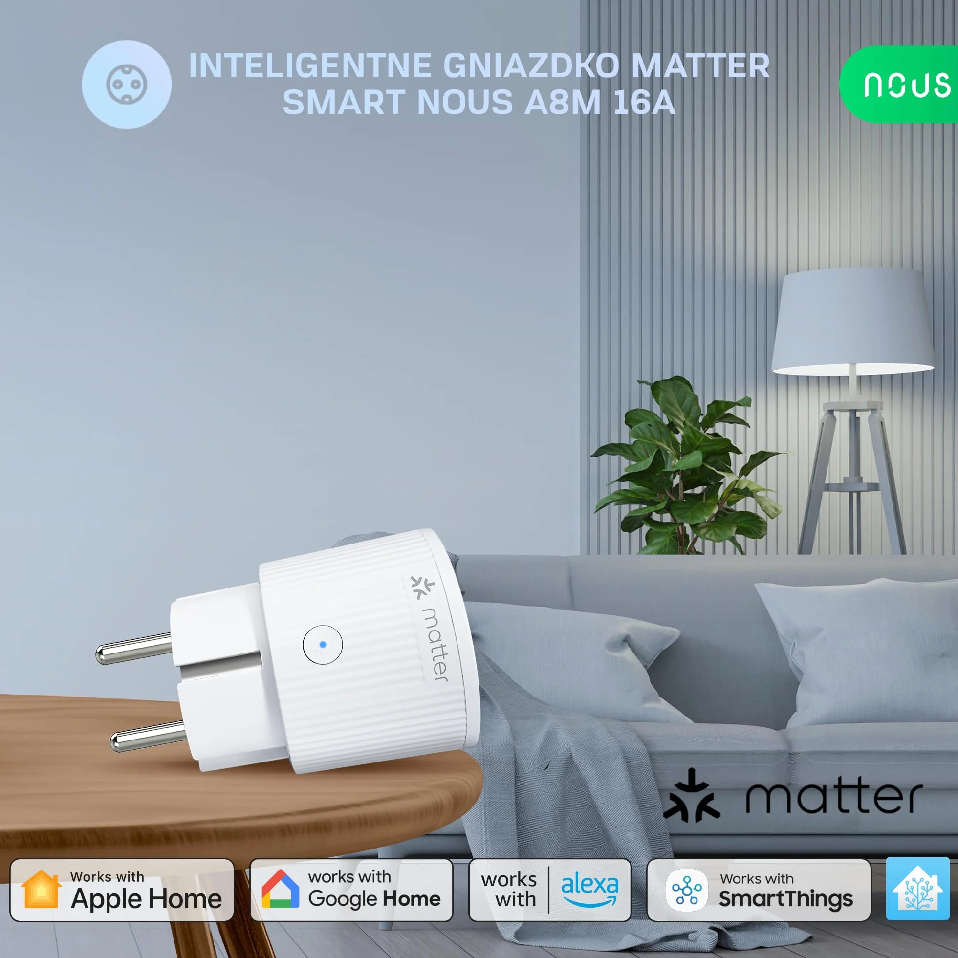 NOUS Matter Inteligentne Gniazdko WiFi z Pomiarem Zużycia Energii 16A 3840W, Kompatybilne z Alexa Google Home Tuya Apple Home, 4 szt.