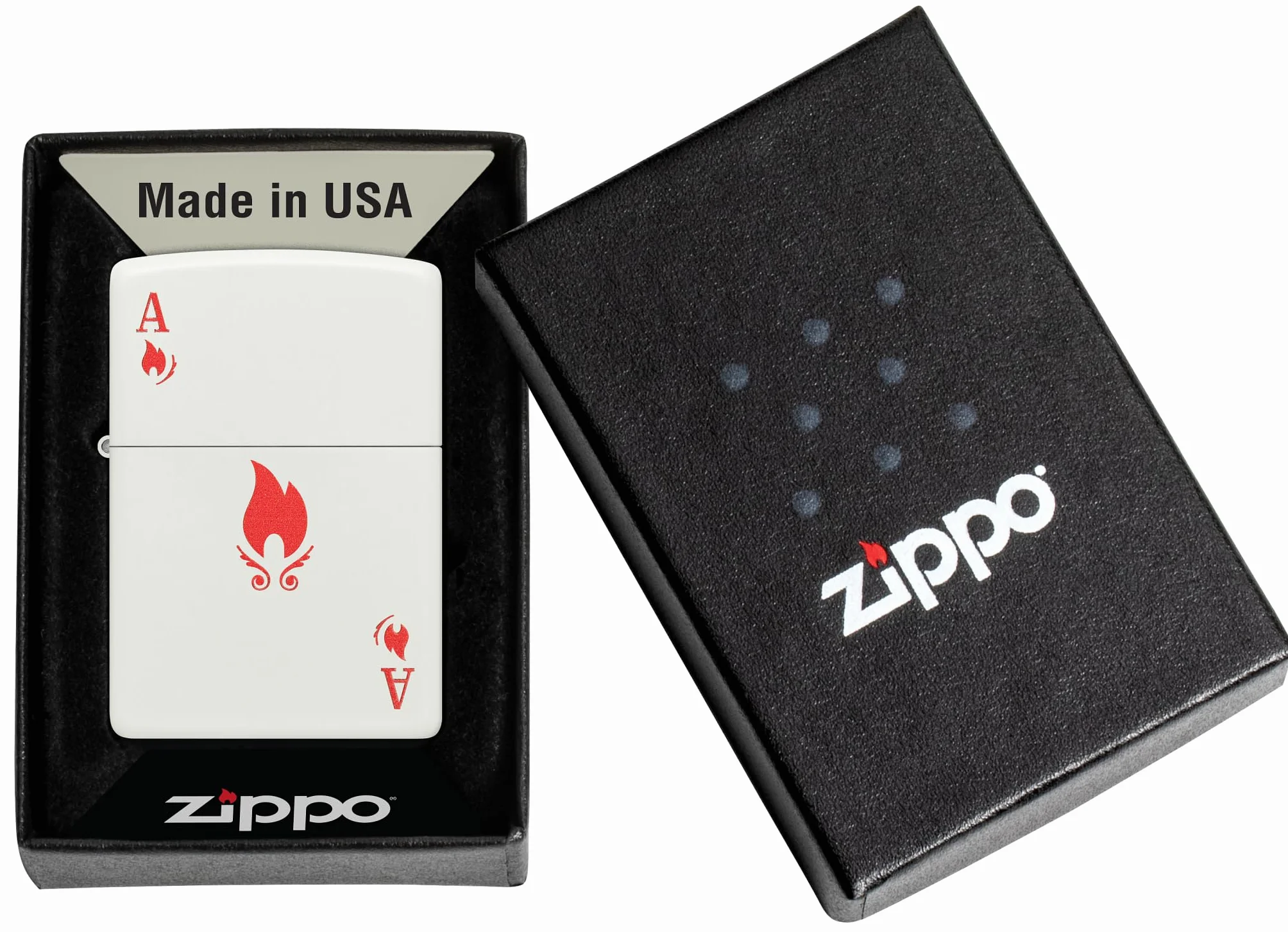 Zippo Ace Zapalniczka Sztormowa, Kolorowy Nadruk, do Napełniania, Wielokrotnego Użytku, Wiatroodporna Konstrukcja, Pudełko na Prezent, Wykonano w USA, Kolor Biały Matowy (White Matte)