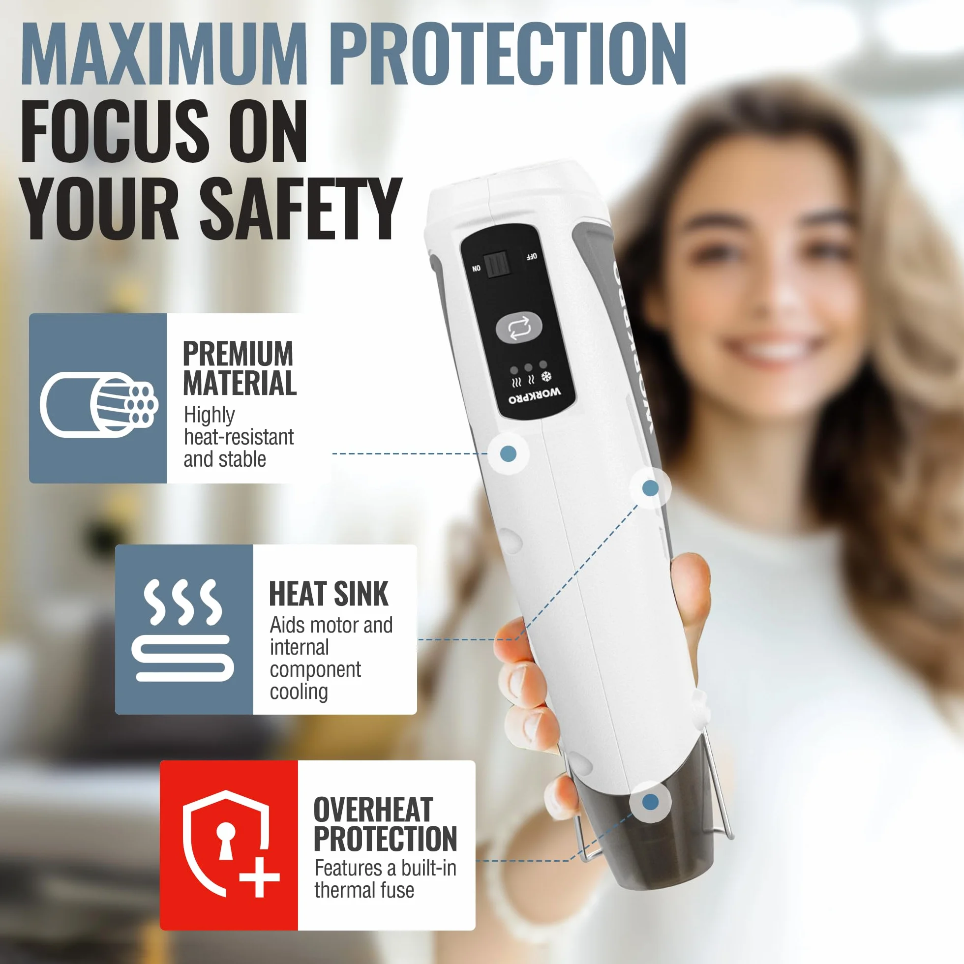 WORKPRO 7,2 V Mini pistolet na gorące powietrze bezprzewodowy, trzy temperatury chłodzenia/150℃/360℃, szybkie nagrzewanie, przenośny pistolet na gorące powietrze z dyszą odblaskową, akumulator