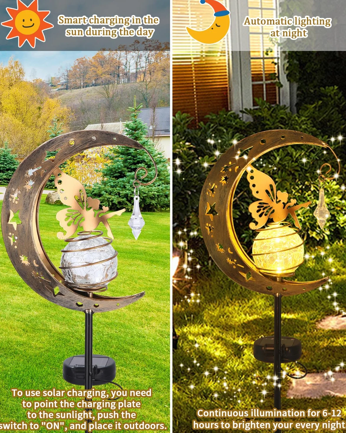 Moon Solar Lights Dekoracja tarasu ogrodowego,Elf/Flower Fairy Wodoodporna lampa słoneczna,Metalowe figurki ogrodu Dekoracja ogrodu,Zewnętrzna lampa słoneczna na zewnątrz,Na taras Balkon Pile Path