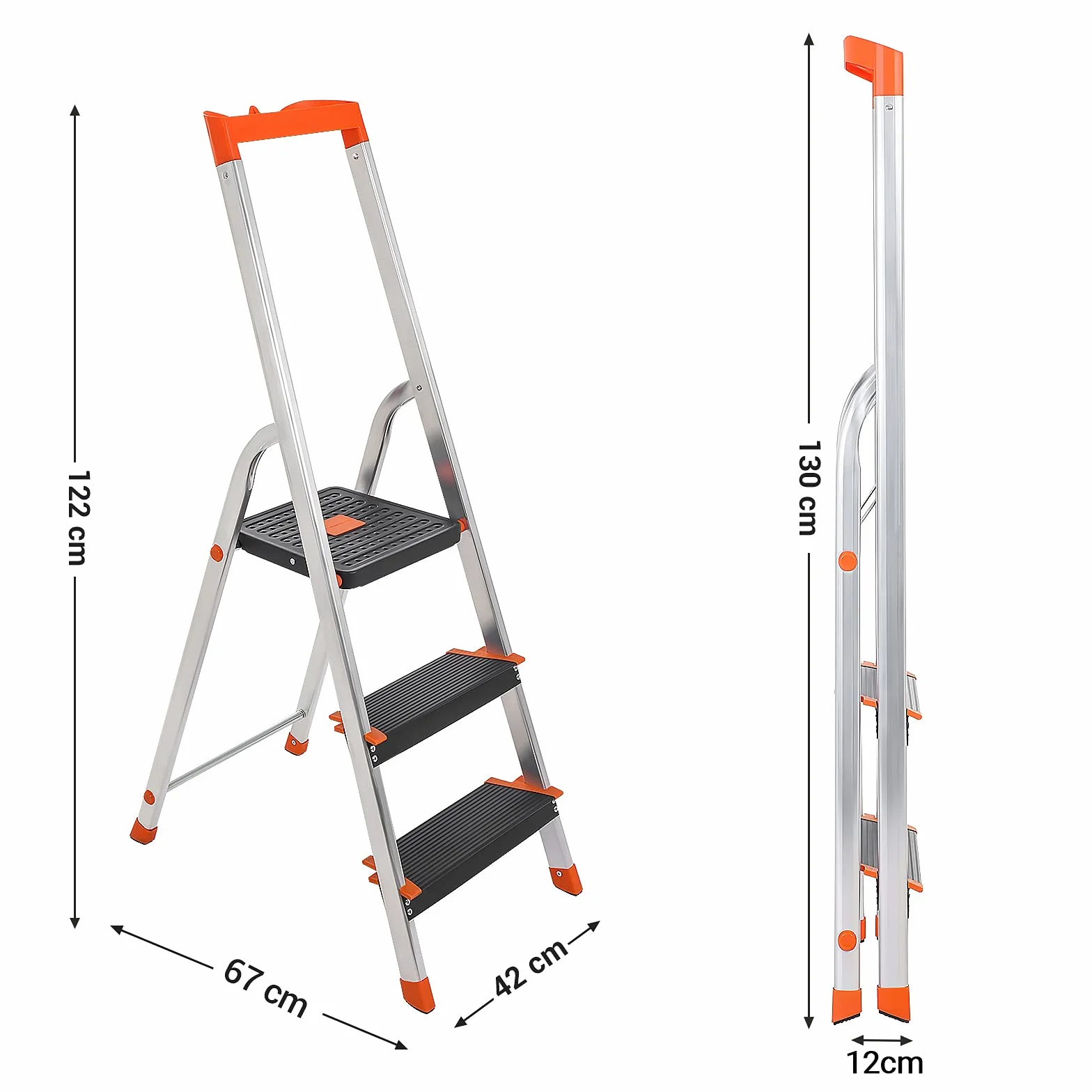 SONGMICS Drabina z 3 stopniami, drabina aluminiowa, stopnie o szerokości 12 cm z przetłoczeniami, nóżkami antypoślizgowymi, półką na narzędzia, nośność do 150 kg, czarno-pomarańczowy GLT03BK