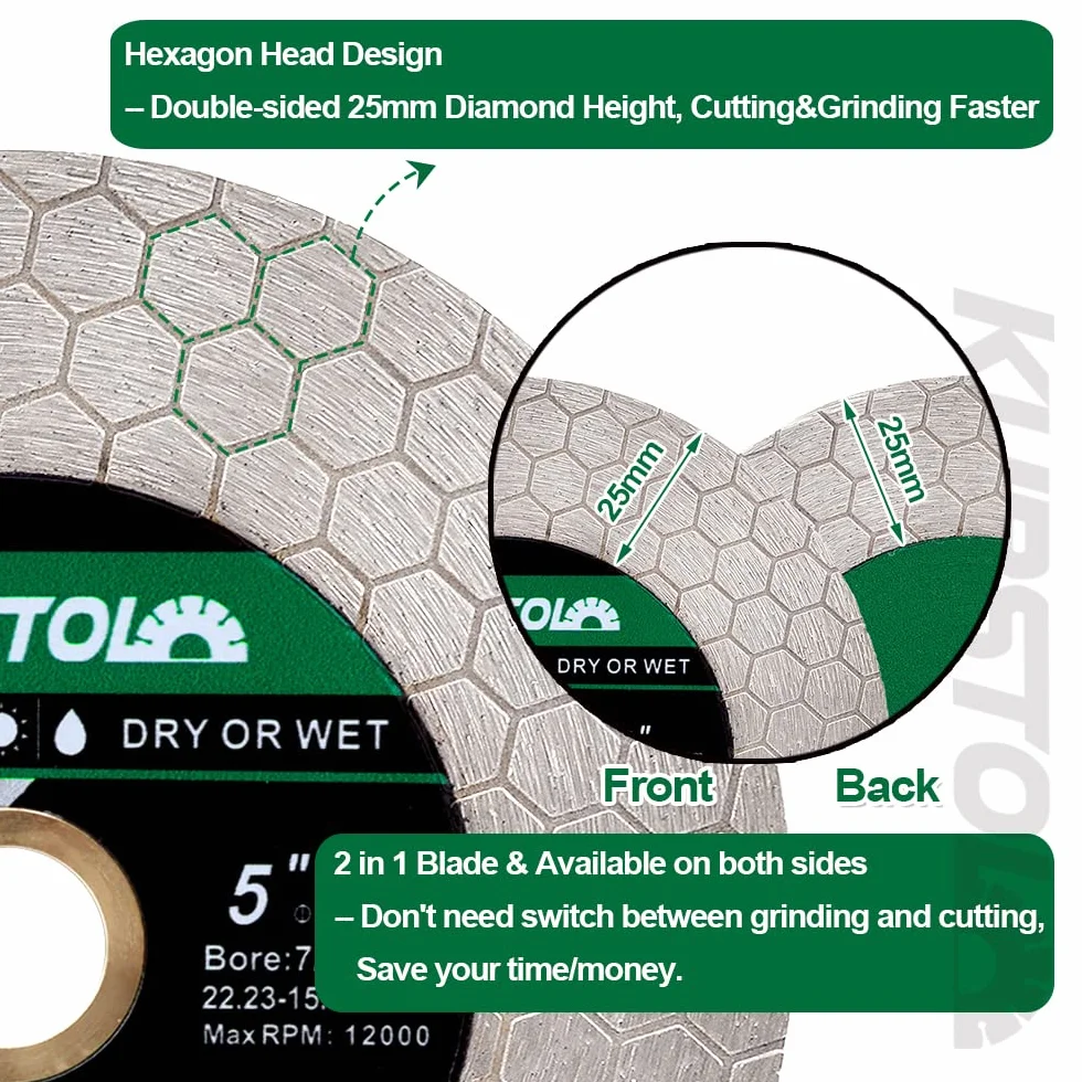 Diamentowa tarcza tnąca do płytek - 125 mm dwufunkcyjna diamentowa tarcza tnąca, trzpień szlifierki anioła, 22-16 mm, do cięcia i szlifowania płytek ceramicznych, porcelany, granitu, marmuru