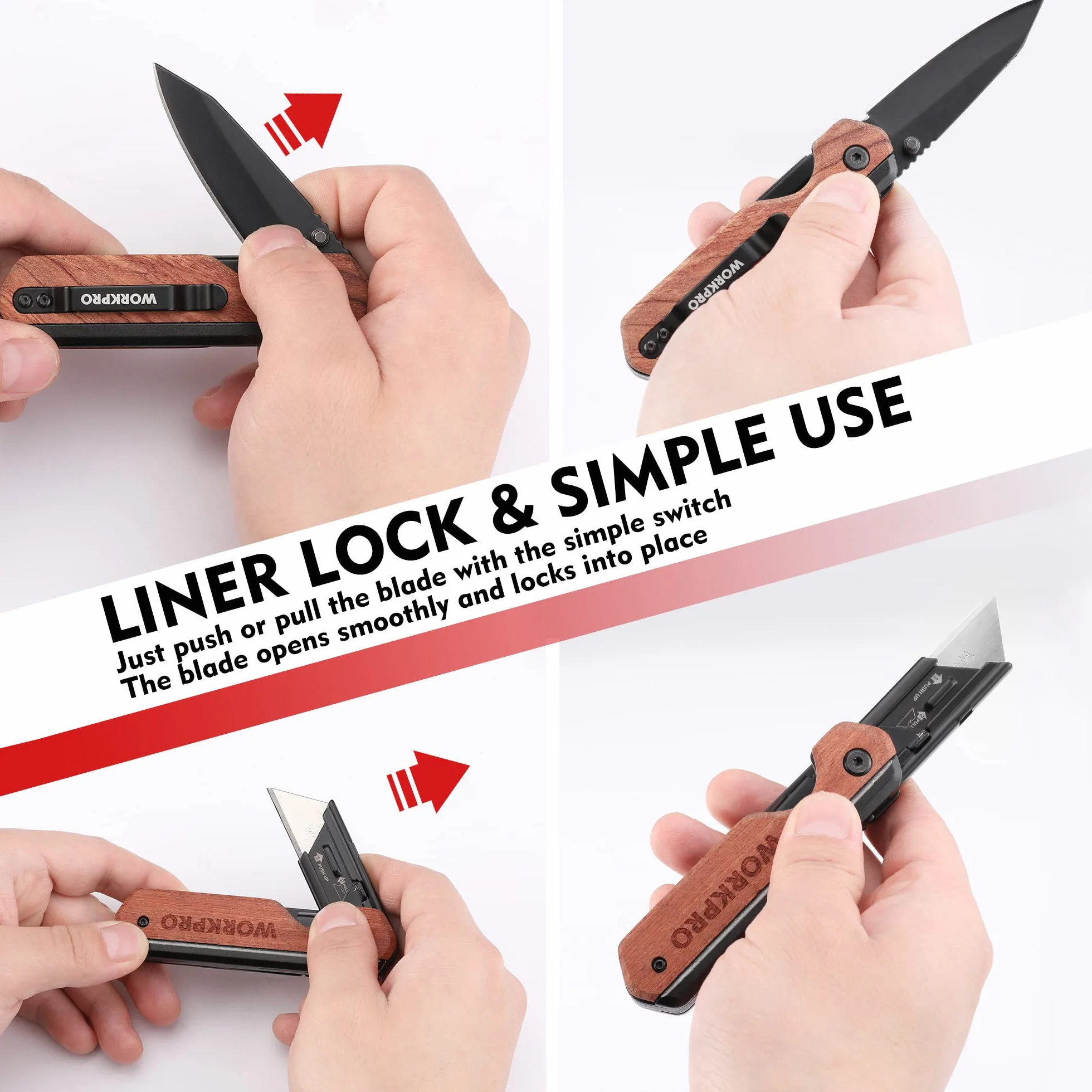 WORKPRO 2‑w‑1 Nóż Kieszonkowy, Składany Nóż Uniwersalny z Aluminium, Cutter z Drewnianym Uchwytem i Klipsem do Paska, Liner-Lock, Wraz z 10 Dodatkowymi Ostrzami