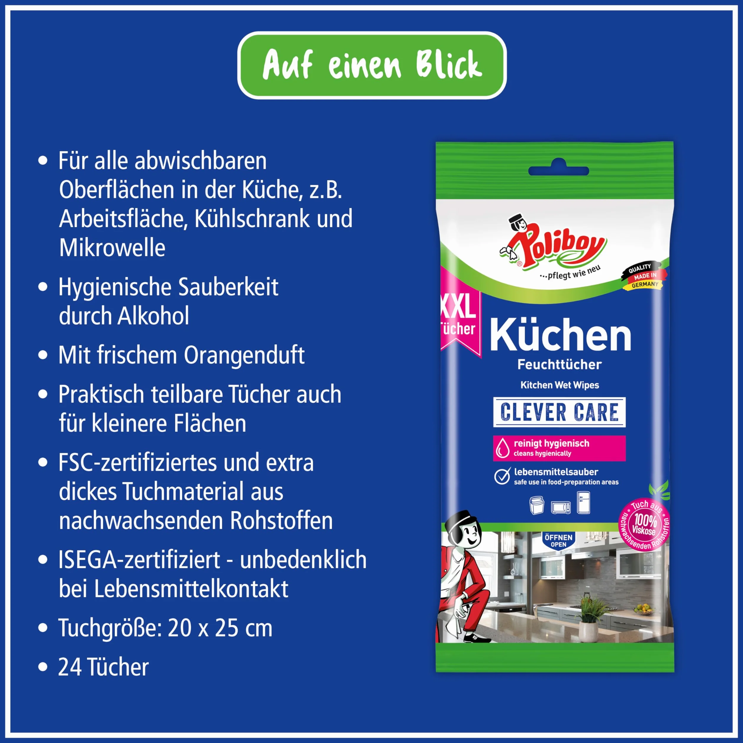 POLIBOY XXL wilgotne ściereczki kuchenne – wilgotne chusteczki czyszczące do gospodarstwa domowego – o zapachu pomarańczy – 1 x 24 ściereczki – Made in Germany