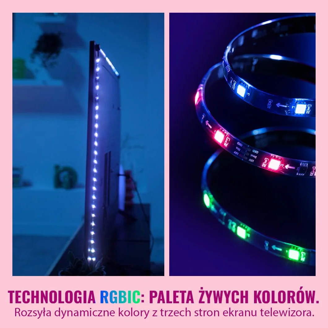 WiZ HDMI Sync Box z taśmą LED do TV, Synchronizuje światło z filmami, HDMI 2.0 Obsługuje 4K przy 60 Hz, Taśma LED RGBIC do telewizorów 55-65 cali, Sterowanie Aplikacją/Głosowe, Działa z Google i Alexą