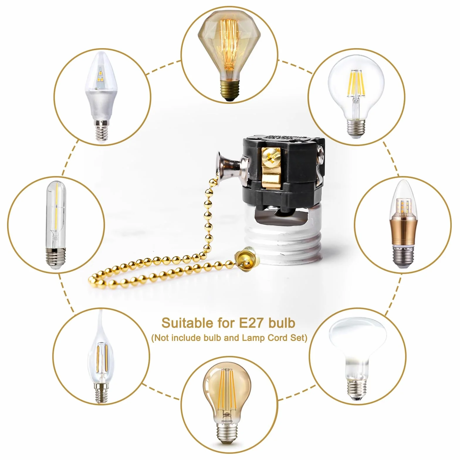 GOMETY Oprawa lampy E27 w stylu vintage z przełącznikiem łańcucha, miedziana oprawa lampy z łańcuchem ciągnącym, na biurko, uchwyt na lampę, podstawa śrubowa, do samodzielnego montażu