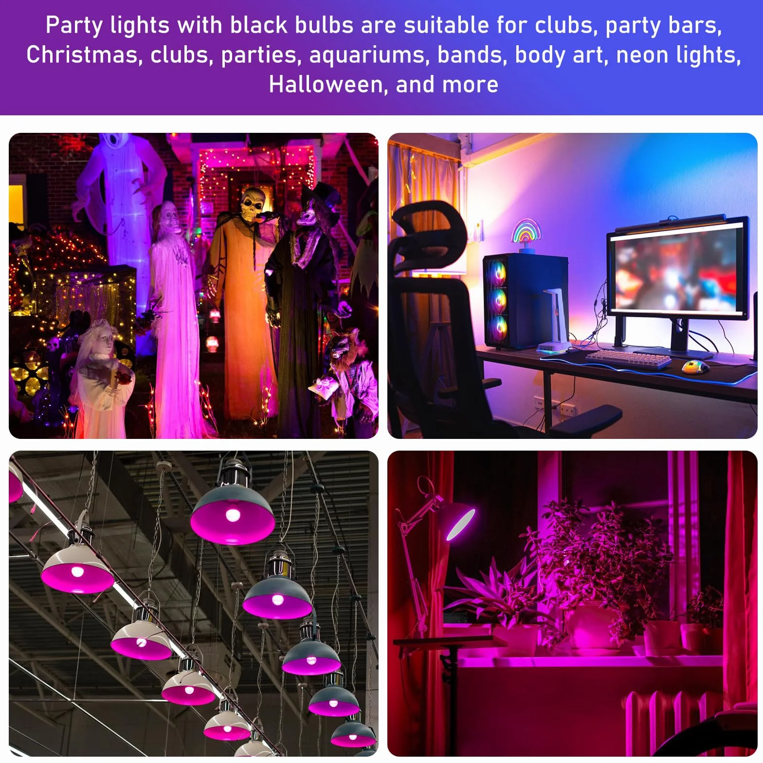 BORDEAG Żarówka UV LED, zestaw 4 żarówek E27 o mocy 9 W, lampa ultrafioletowa LED, fioletowa lampa ultrafioletowa UV-A, czarna żarówka UV, na festiwale, imprezy, bary