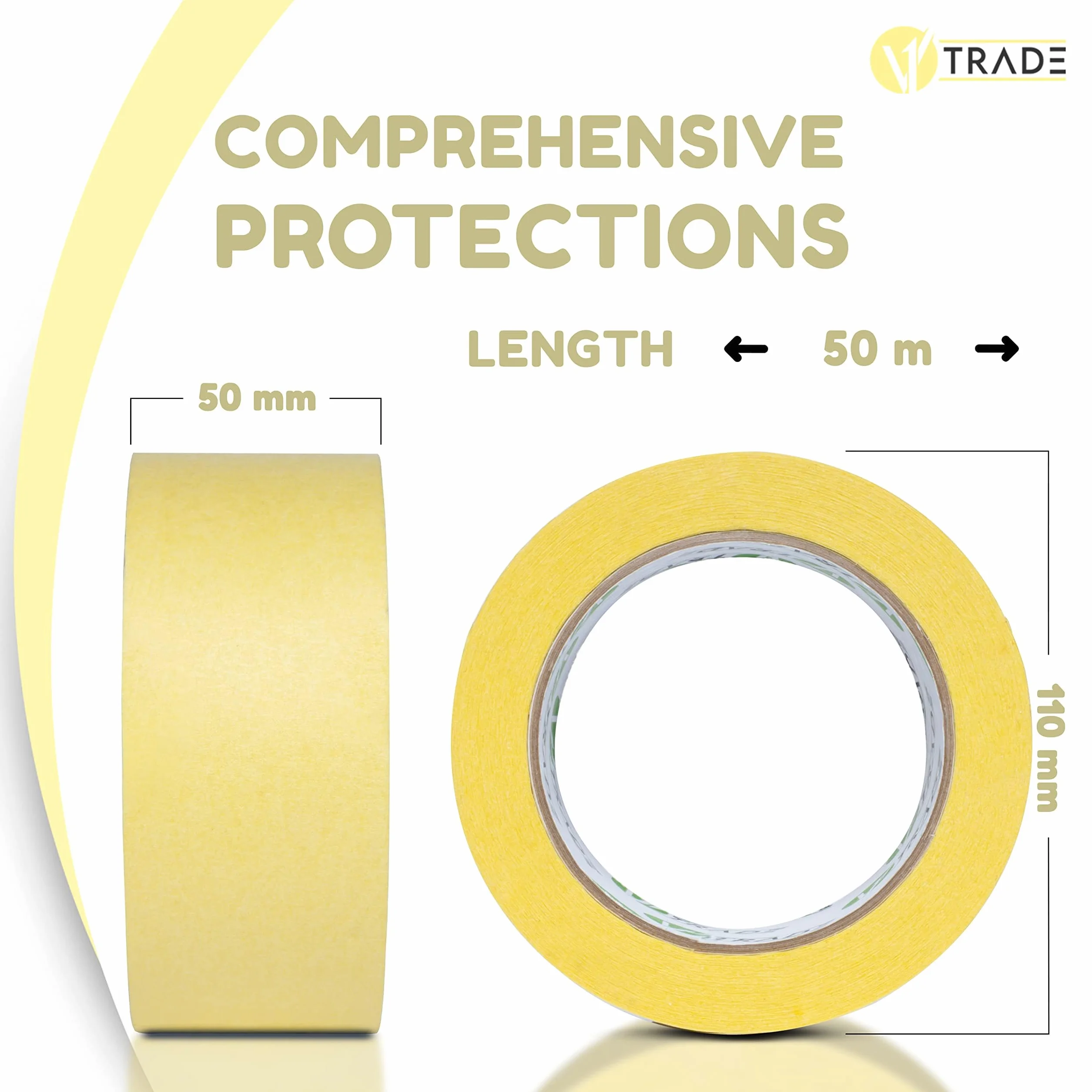 V1 Trade Taśma maskująca 50 mm x 50 m, 3 sztuki, uniwersalna taśma malarska, łatwa do zdejmowania, wodoodporna taśma malarska, żółta taśma klejąca