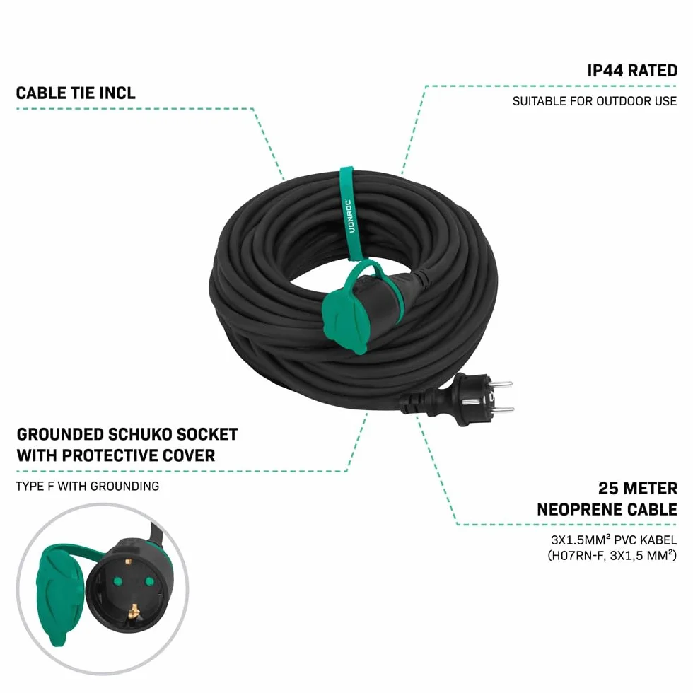 VONROC Pro Przedłużacz 25 m - IP44 - Kabel neoprenowy H07RN-F 3x1,5 mm² - z opaską kablową