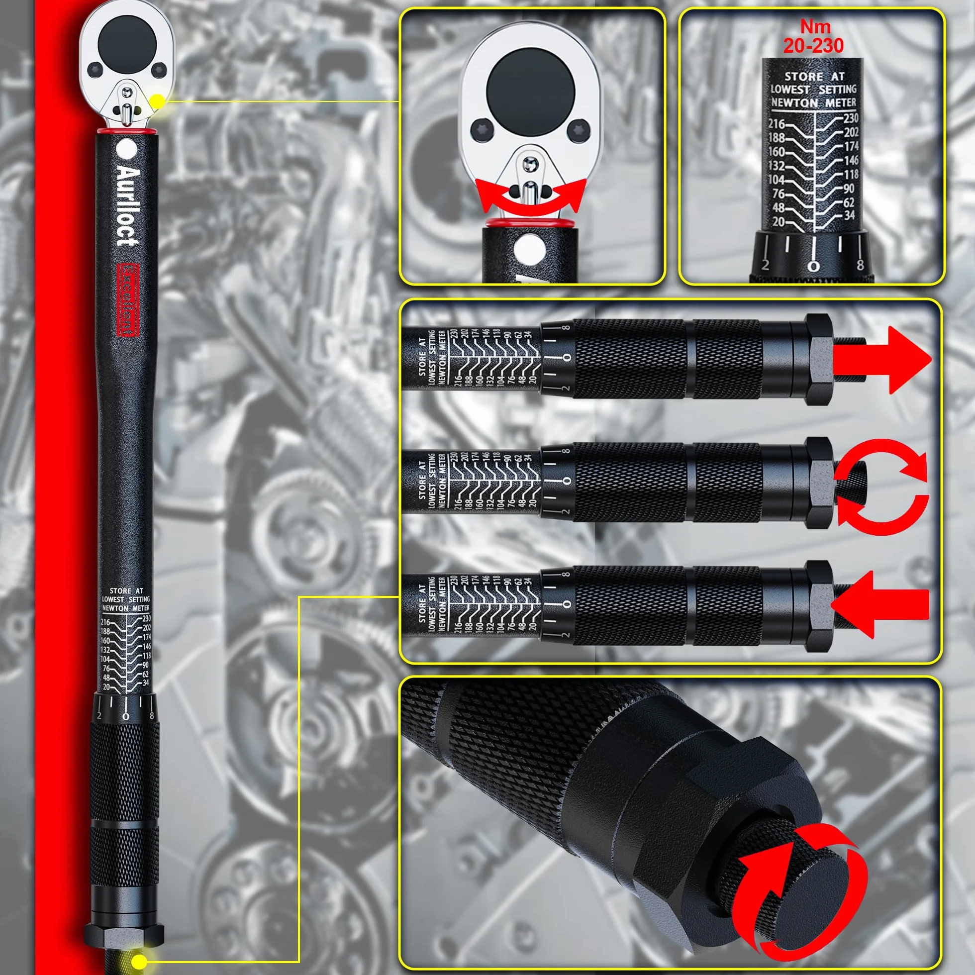 Klucz Dynamometryczny 1/2" 20-230 Nm, Samochodów i Motocykla, Klucz Obrotowy 6-częściowy Czarny