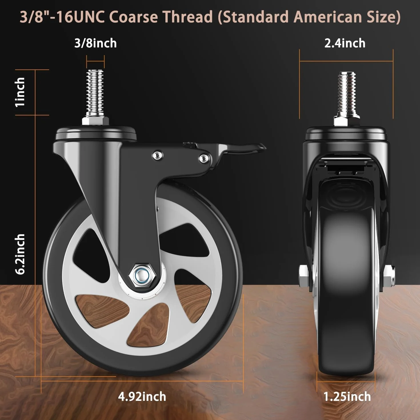 5-calowe wytrzymałe kółka jezdne, zestaw 4 kółek trzpieniowych, 3/8"-16 x 1 (średnica trzpienia 3/8", długość trzpienia 1"), blokowane obrotowe kółka trzpieniowe z gwintem, zestaw 4 kółek
