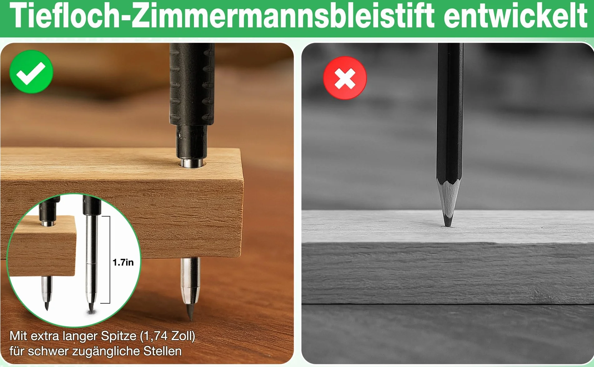 3 w 1 marker do głębokich otworów – 10-częściowy profesjonalny zestaw: ołówek ciesielski, ołówek do głębokich otworów i kołczan – marker dla rzemieślników, w zestawie 6 wkładów zapasowych i