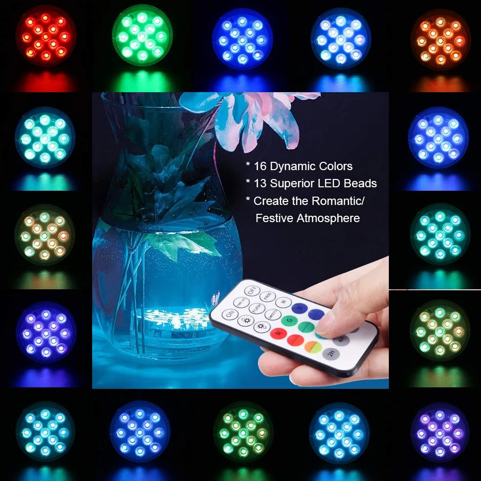 flintronic Oświetlenie podwodne LED, 4 sztuki, 13 diod LED, zmiana koloru IP68, wodoszczelne światło z pilotem zdalnego sterowania RF, 30 m/woda 6 m, małe podwodne światło do basenu/fontanny/akwarium