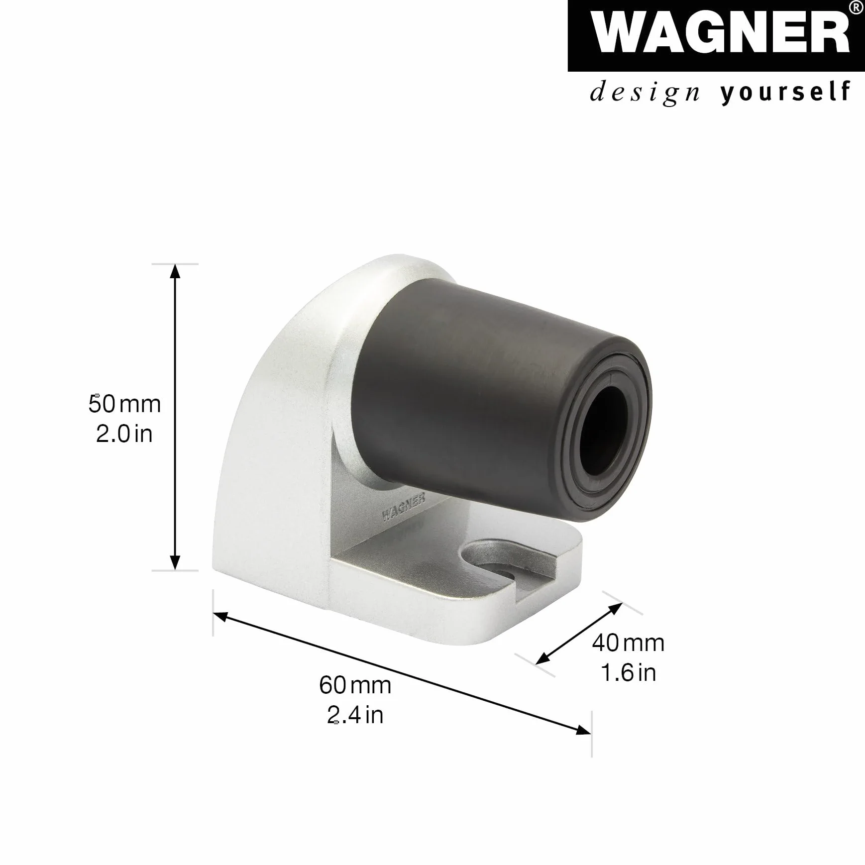 WAGNER Stoper do drzwi podłogowych HOOK - 60 x 40 x 50 mm, odlew ciśnieniowy cynku o wyglądzie aluminium, bufor kauczuku termoplastycznego, czarny, do wkręcania wraz z materiałem montażowym - 15500011