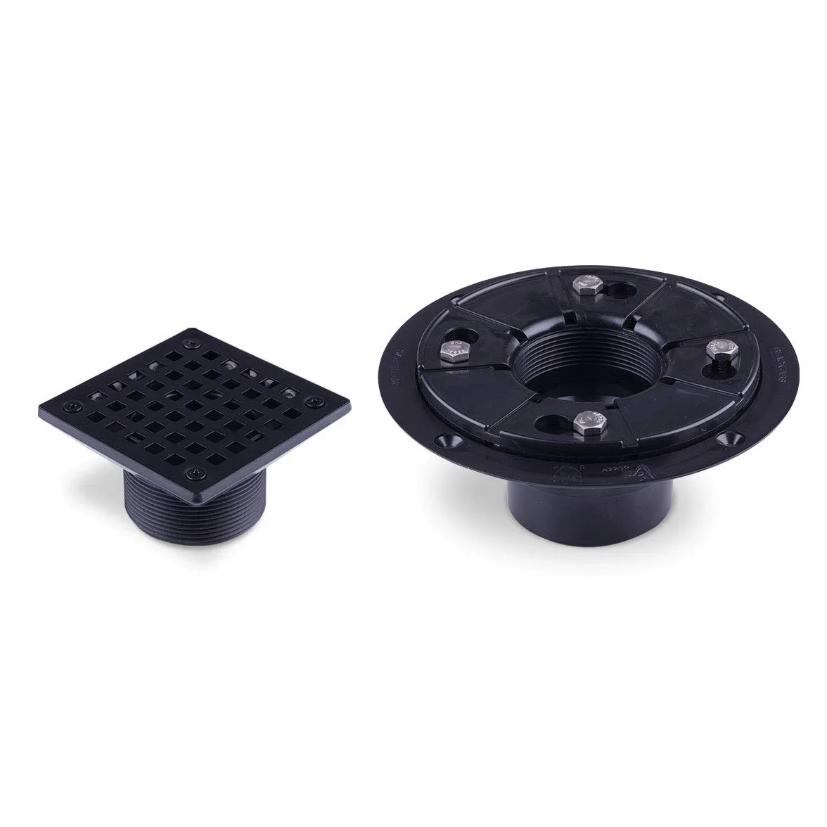 Kwadratowy odpływ prysznicowy z sitkiem matowy czarny, pasuje do rury odpływowej 5 cm lub 7,5 cm (ABS)