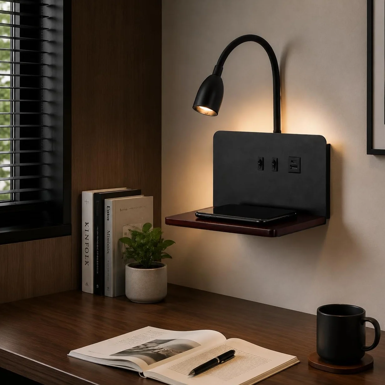 Lampa ścienna LED z wtyczką, portami USB i bezprzewodową ładowarką, regulowana, 3000 K