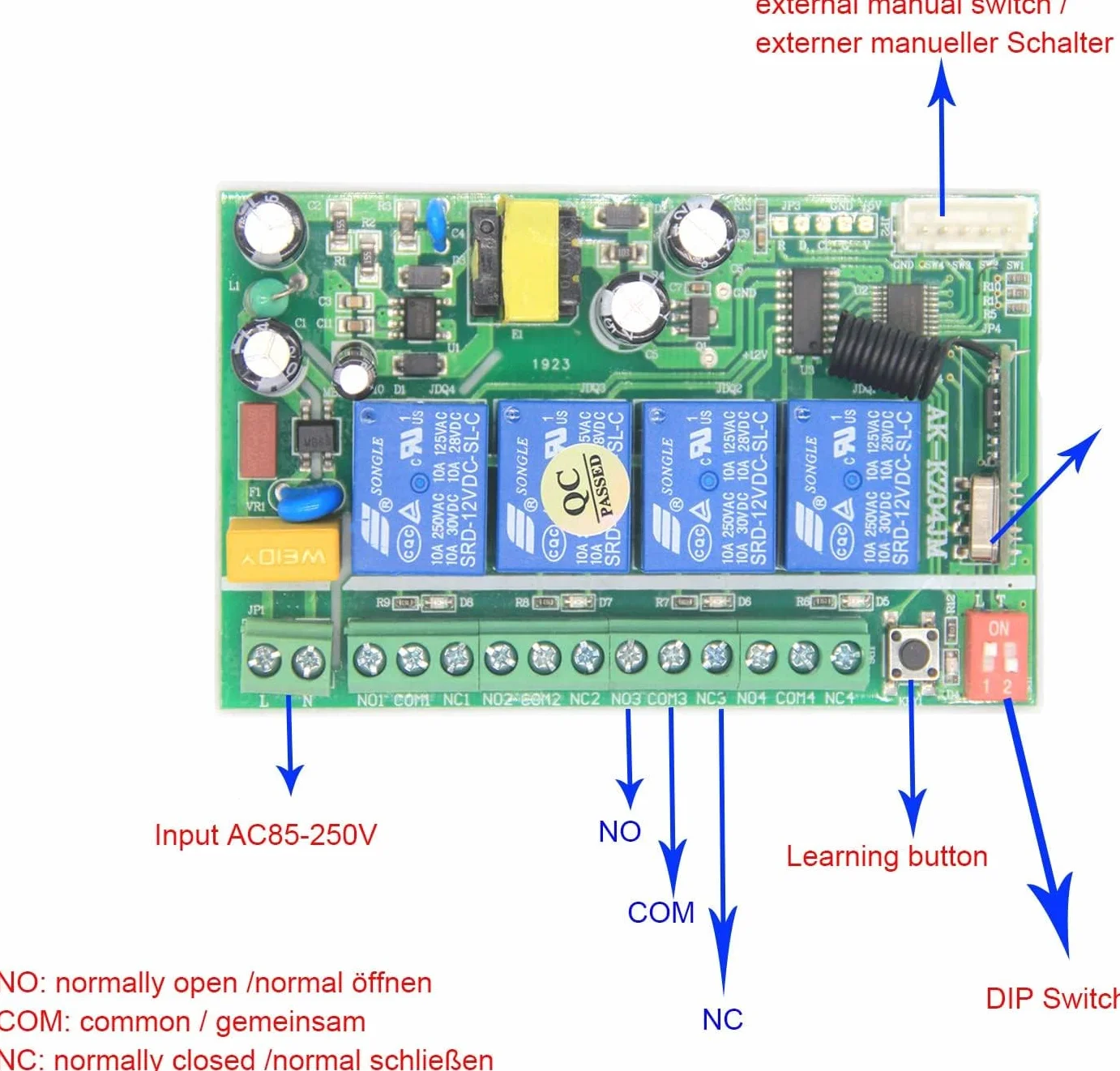 AC 110 V, 220 V, 4 CH, 10 A, 433 MHz, RF, bezprzewodowy przełącznik zdalnego sterowania, pilot zdalnego sterowania, przełącznik oświetleniowy do silników LED z 4 metalowymi nadajnikami ręcznymi