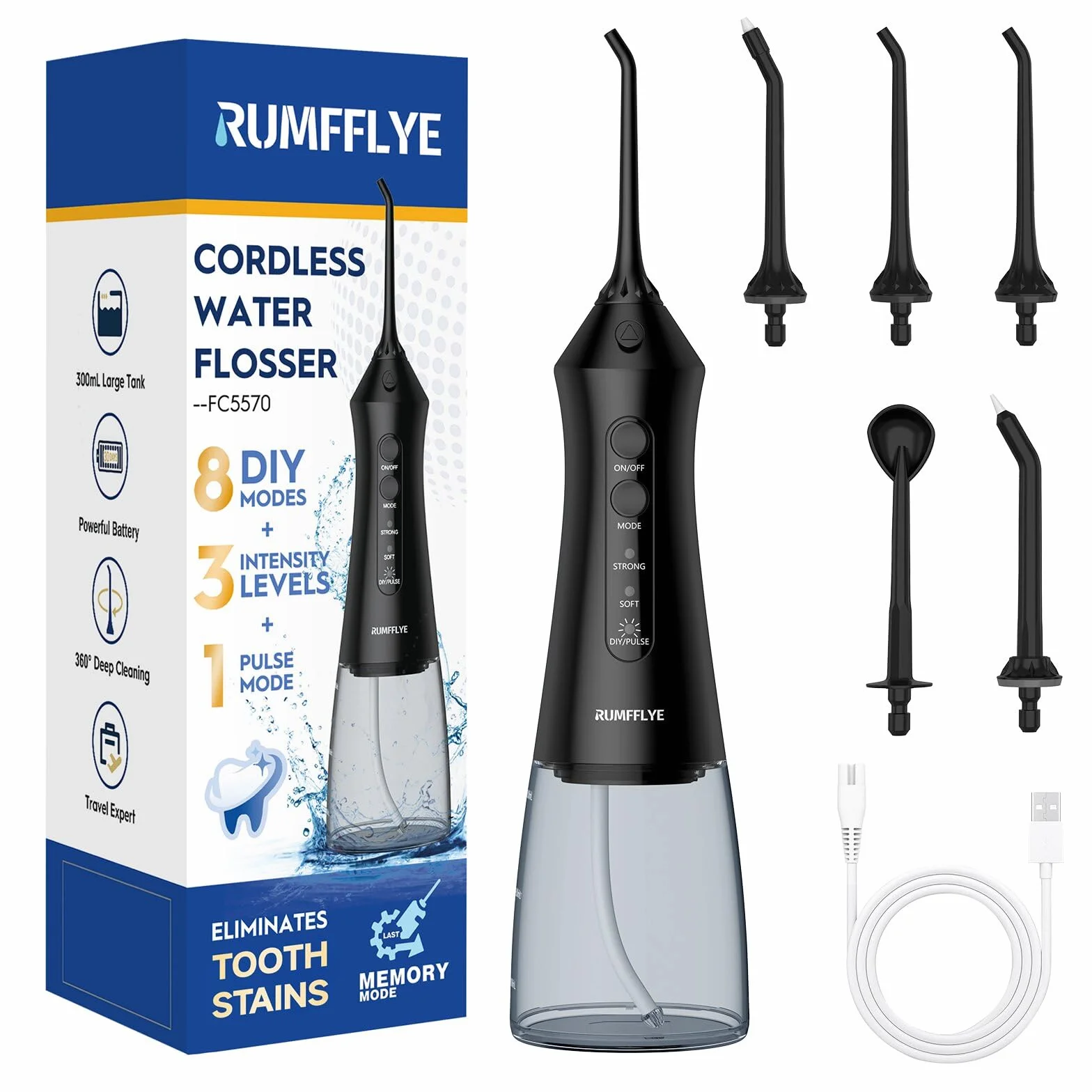 Munddusche Kabellos Elektrischer,Munddusche 8+3+1 Modi & 5 Multifunktions-Düsen,300ML Tank IPX7,Water Flosser für die Tiefenreinigung, geeignet für Reisen und die tägliche Pflege(Schwarz)