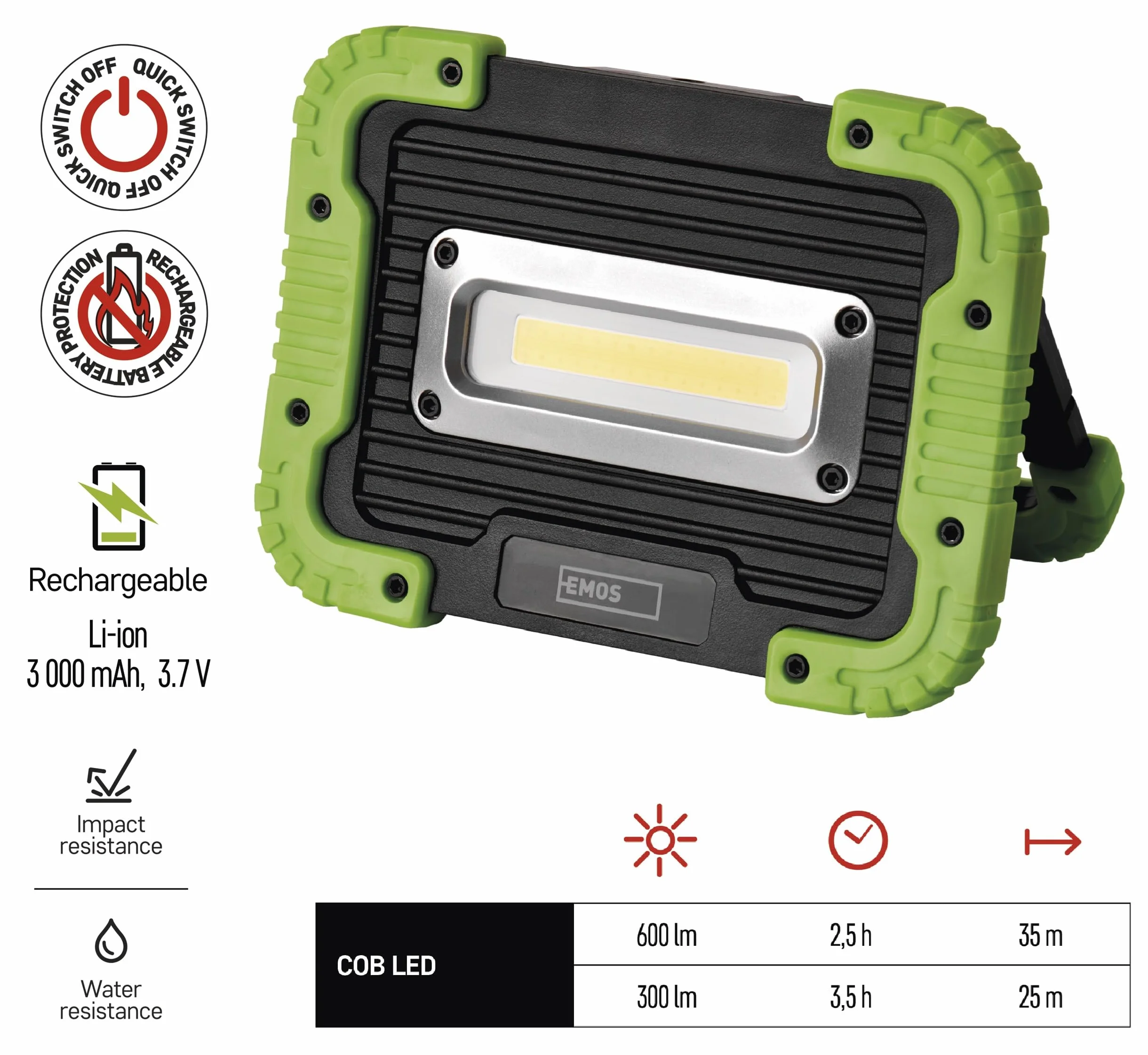 Emos Lampa Robocza Led, Czarny/Zielony, Zasięg 35 m