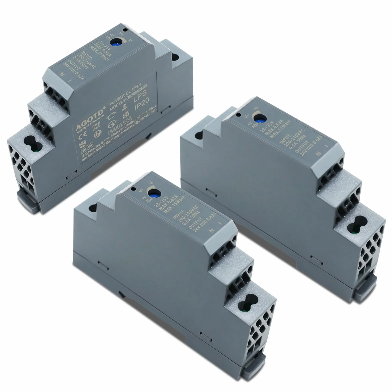 AGOTD Zasilacz sieciowy 15 W, 24 V, 0,63 A (wejście 200-240 V AC 50/60 Hz), zasilacz DIN Rail, transformator szynowy