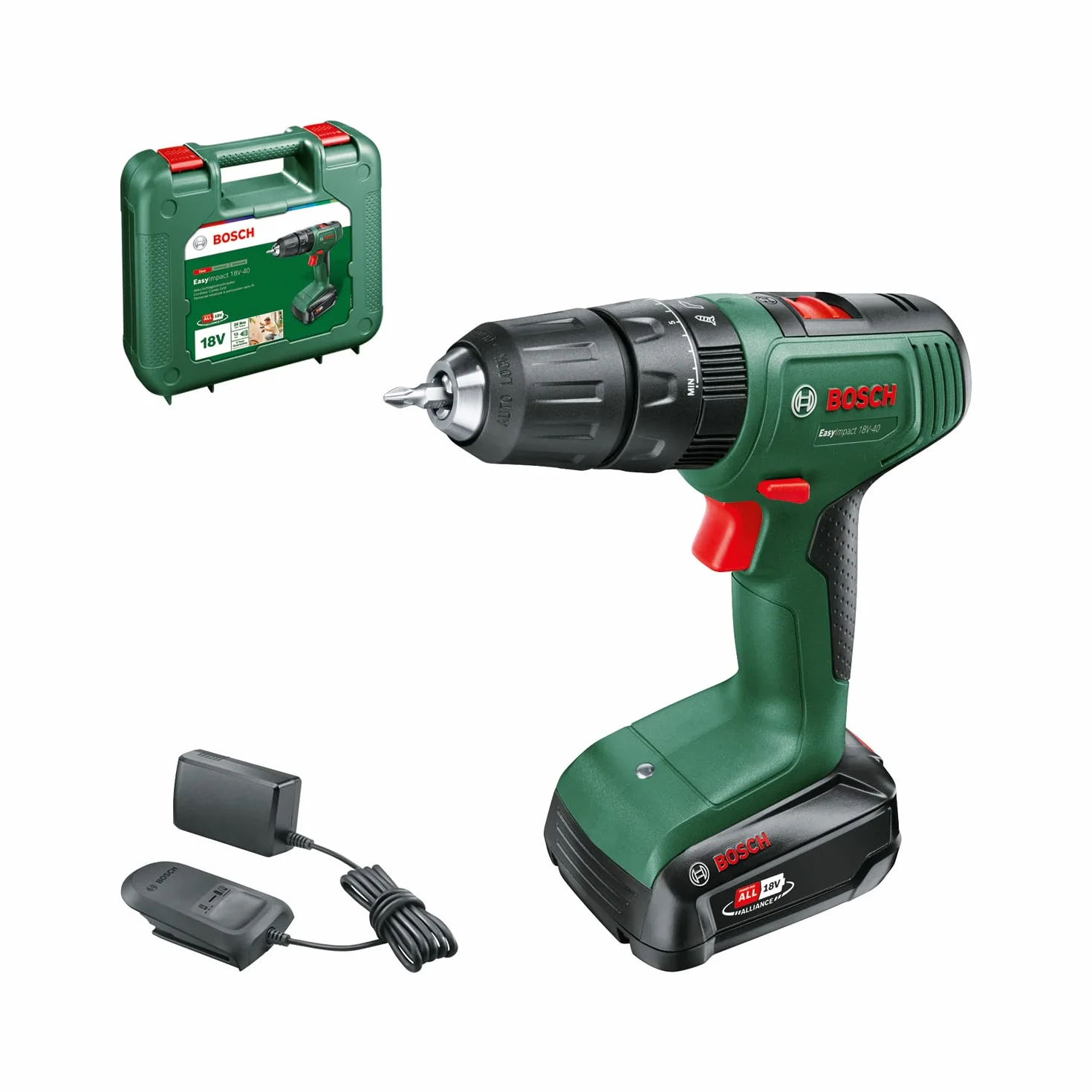 Bosch EasyImpact Wiertarka akumulatorowa 18 V-40 (1 bateria 1,5 Ah, system 18 V, futerał transportowy