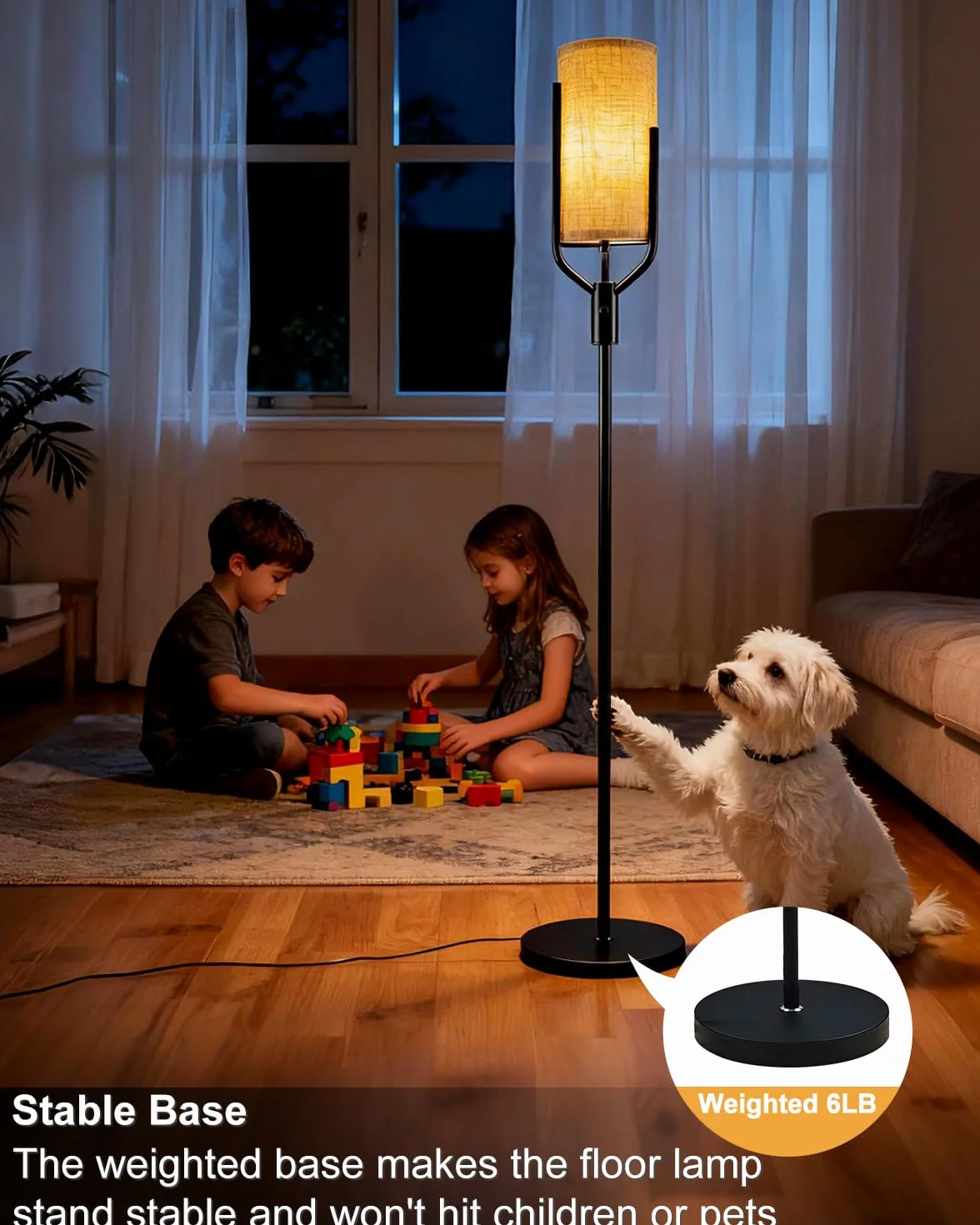 Czarna lampa podłogowa 64,6 cala, ściemniana lampa podłogowa LED z lnianym kloszem, 3000 K, miękka, ciepła biel, żarówki w zestawie, nowoczesna wysoka lampa do salonu, sypialni, na wesele i