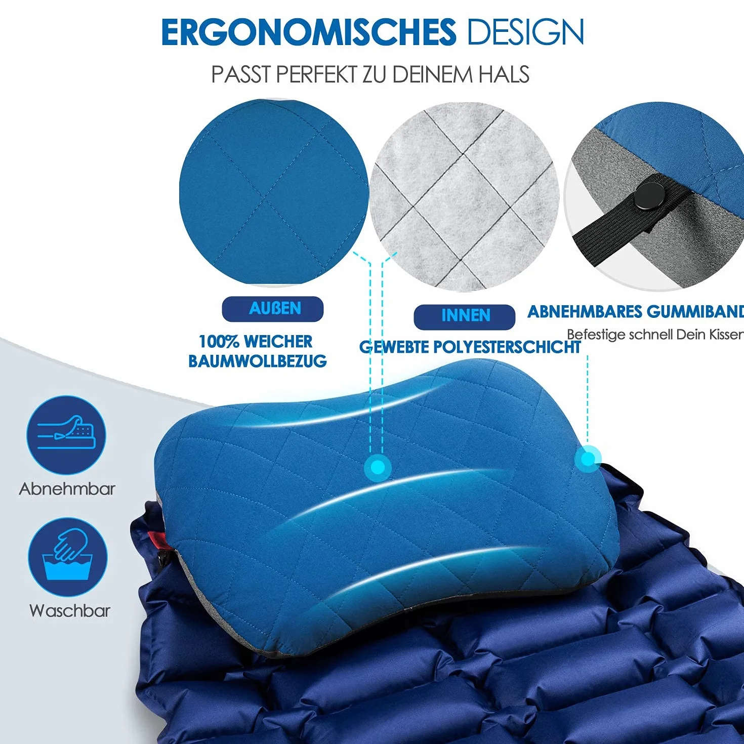 HIKENTURE nadmuchiwana poduszka kempingowa/podróżna ze zdejmowaną poszewką na poduszkę, ergonomiczna poduszka pod głowę, wygodna poduszka na kark do podróży / na zewnątrz (niebieska), rozmiar uniwersalny