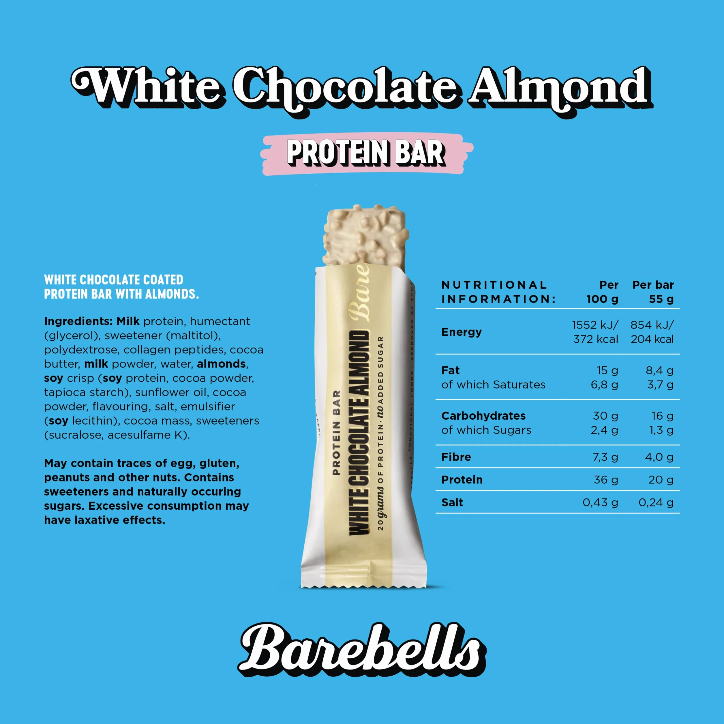 Barebells White Chocolate Almond Batoniki proteinowe, 20 g białka, niskowęglowodanowe, czekoladowe, po treningu, przekąski niskokaloryczne, 12 x 55 g