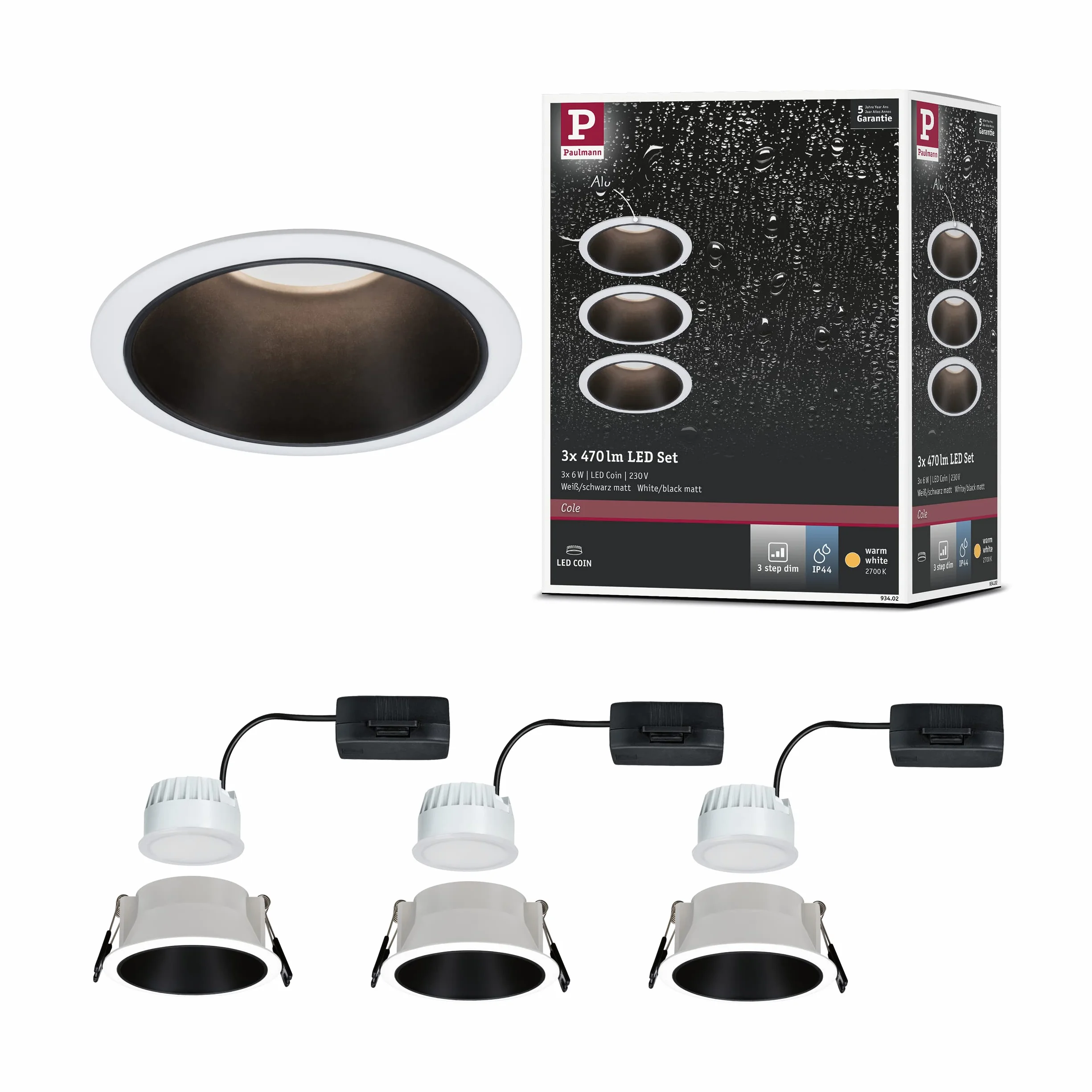 Paulmann 93402 Oprawa Wpuszczana Led Cole Okrągła Wraz Z Przyciemnianym Reflektorem Wpuszczanym 3X6,5W Biały, Czarny Matowy Reflektor Wpuszczany Plastik, Cynk Aluminiowy Punkt Sufitowy 2700K ,Biały, Czarny Mat ,3Er-Set , 19.5 Watts